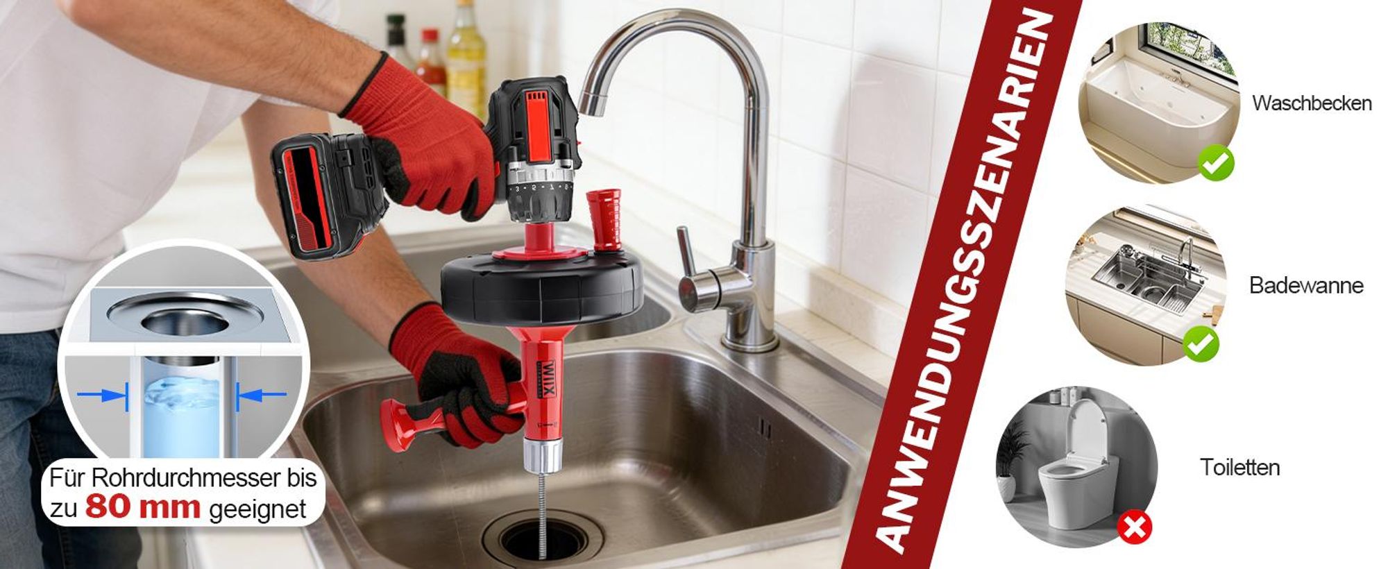 9.5M/Ø12mm Rohrreinigungsspirale Rohrspirale 2-in-1 Manuell & Bohrerantrieb Reinigungsspirale Für Rohr≤ Ø80mm Badewanne Waschbecken Bodenablauf Ablauf