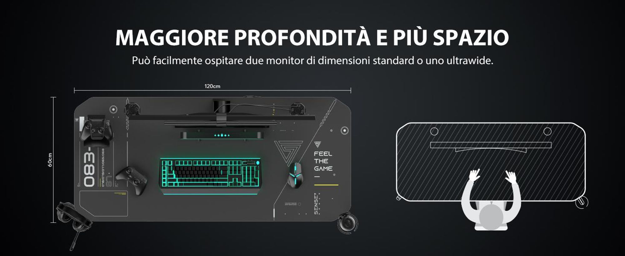 SENSE7 Nomad Tavolo da gioco cibernetico 120x60 cm con tappetino per mouse XXL Tavolo per computer Tavolo per PC Tavolo da gaming Tavolino Camera dei ragazzi