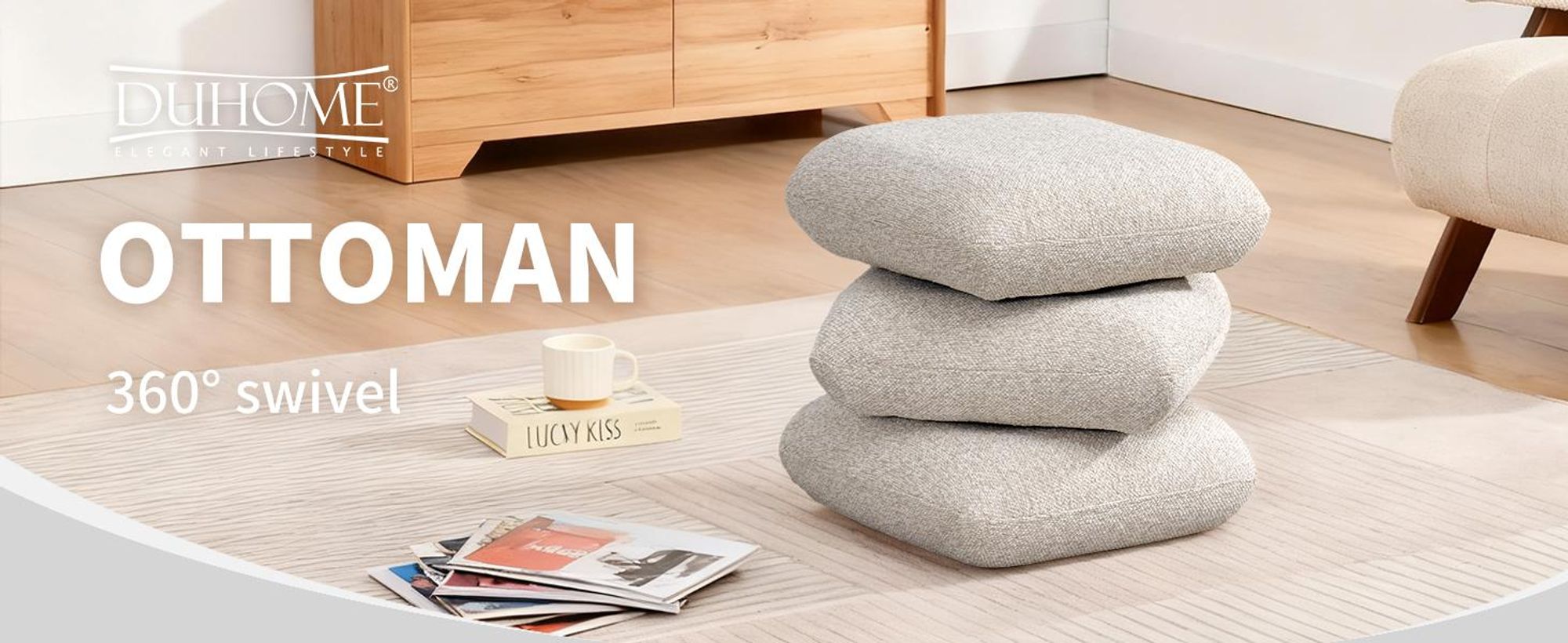 Duhome Bouclé pouf 360° otočný otoman Moderný podnožník do obývačky, spálne, predsiene, béžová farba