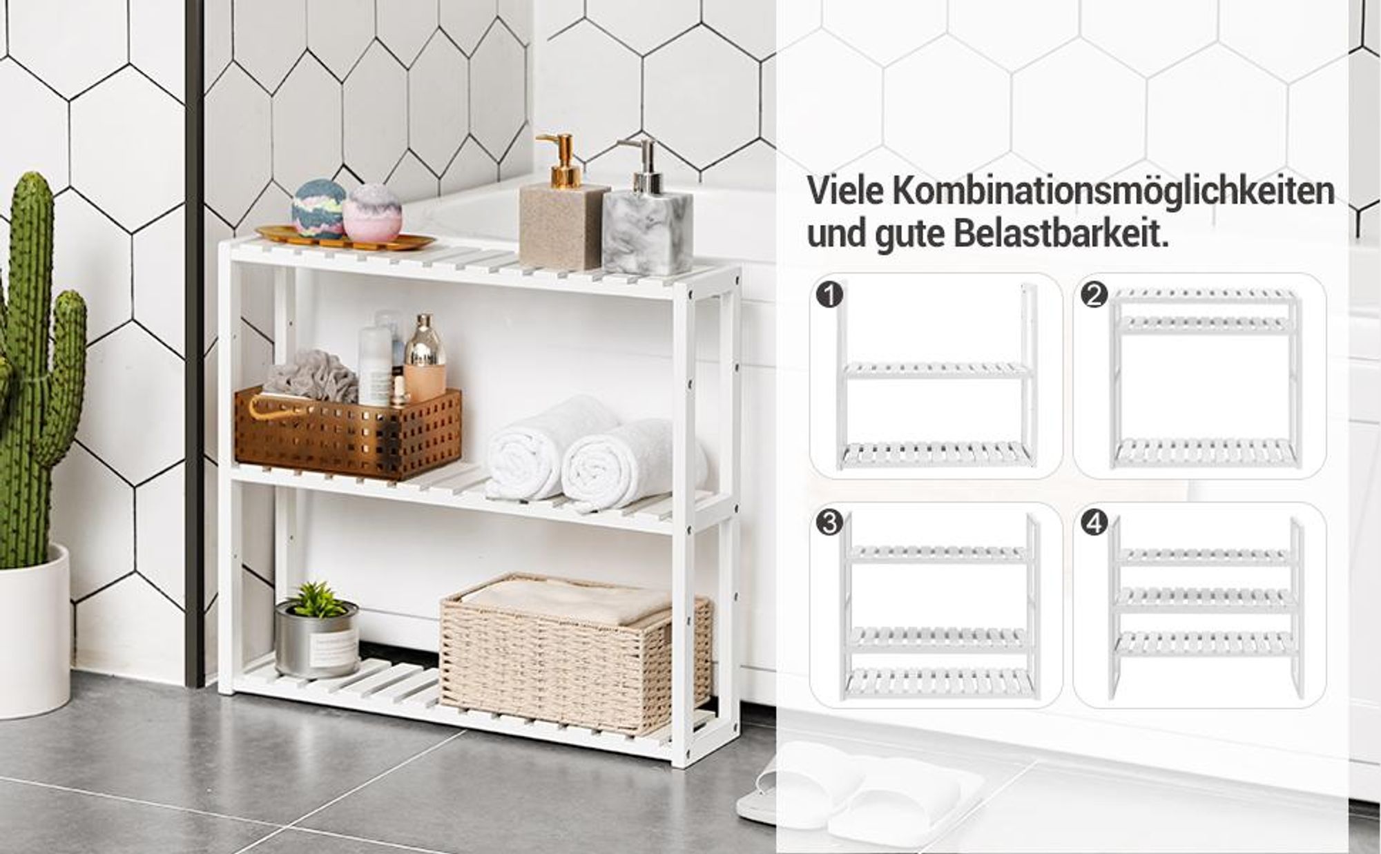 SONGMICS Badregal, Badezimmerregal, Bambus-Regal, 60 x 15 x 54 cm, Pflanzenregal mit 3 verstellbaren Ablagen, Wandmontage, freistehend, weiß BCB13W