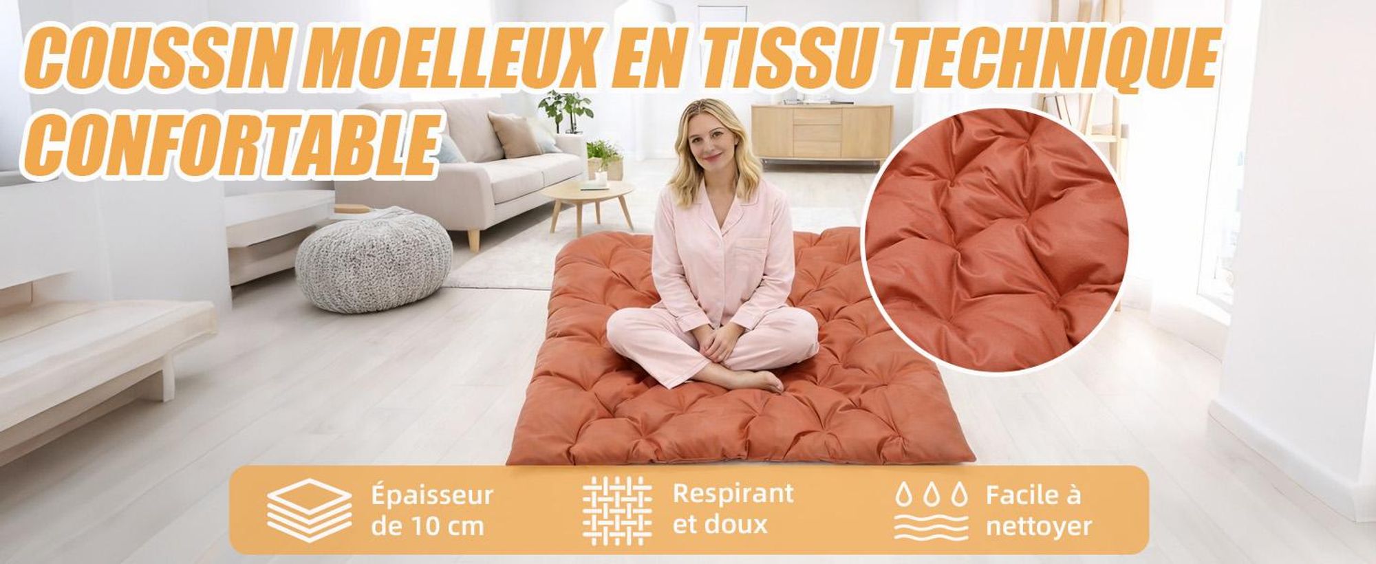 Fauteuil à bascule extérieur pour deux avec coussin et repose-pieds, chambre, salon, terrasse, jardin, balcon, 240 kg, tissu technique, orange