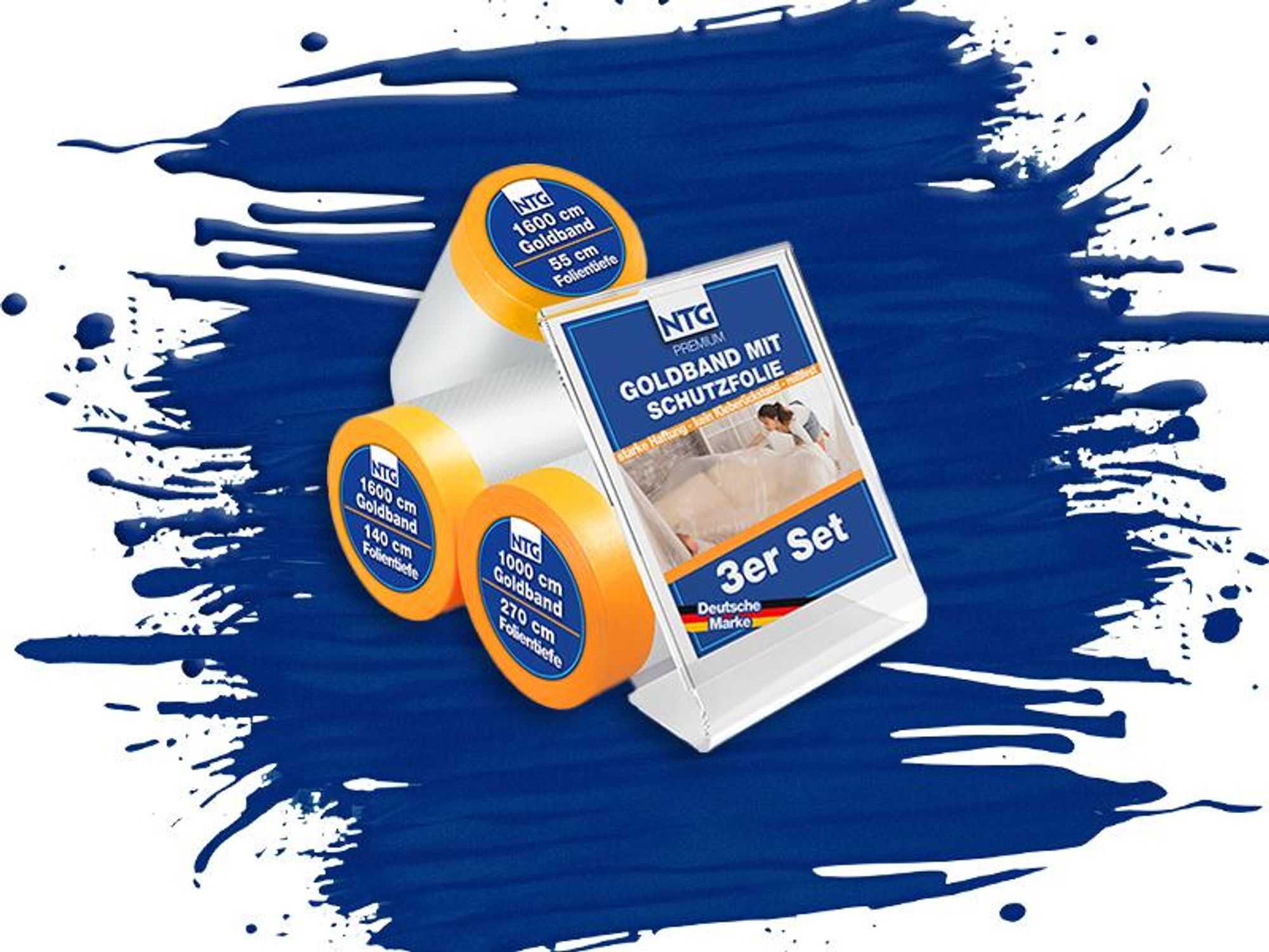 NTG 42m Abdeckfolie mit Klebeband – 3er Set (55cm, 140cm & 270cm) Malerfolie,Goldband, abklebeband, Goldband