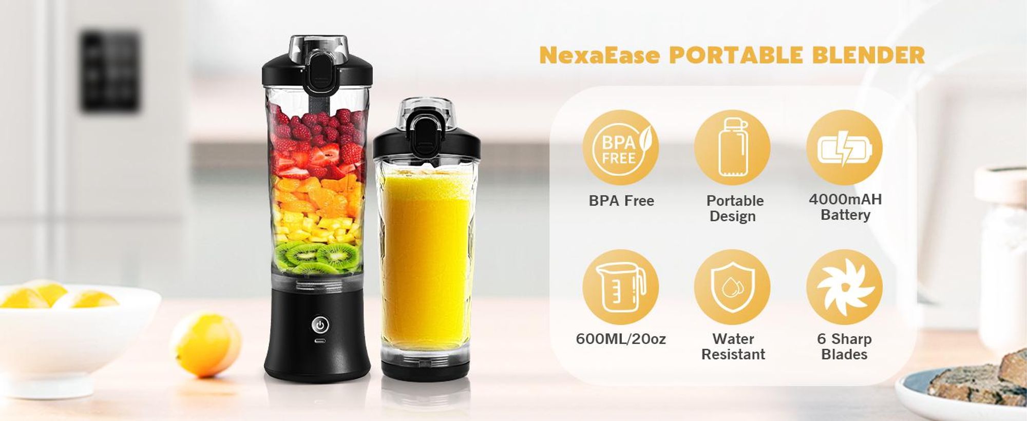 Tragbarer Mixer, Smoothie Maker mit 6 Klingen, 500ml Standmixer für Shakes und Smoothies, 120W Ice Crusher, USB-C Wiederaufladbar, BPA-Frei, Schwarz