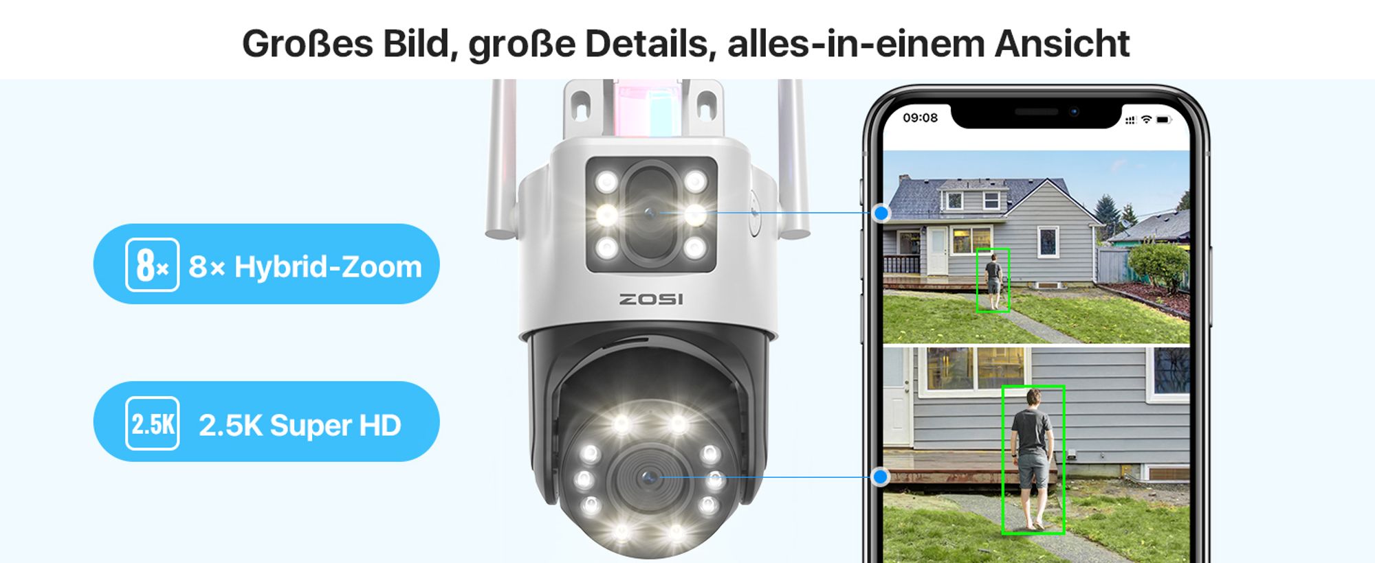 IP Außenkamera ZOSI C298 WiFi Schwenk-Neige 6MP Dual IP66