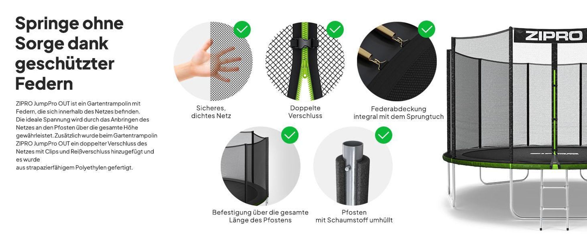 ZIPRO Trampolin Jump Pro Out | 12FT Ø 374 cm | Gartentrampolin Kindertrampolin Komplett-Set inkl. Außennetz, Leiter & Randabdeckung, Outdoor, Grün