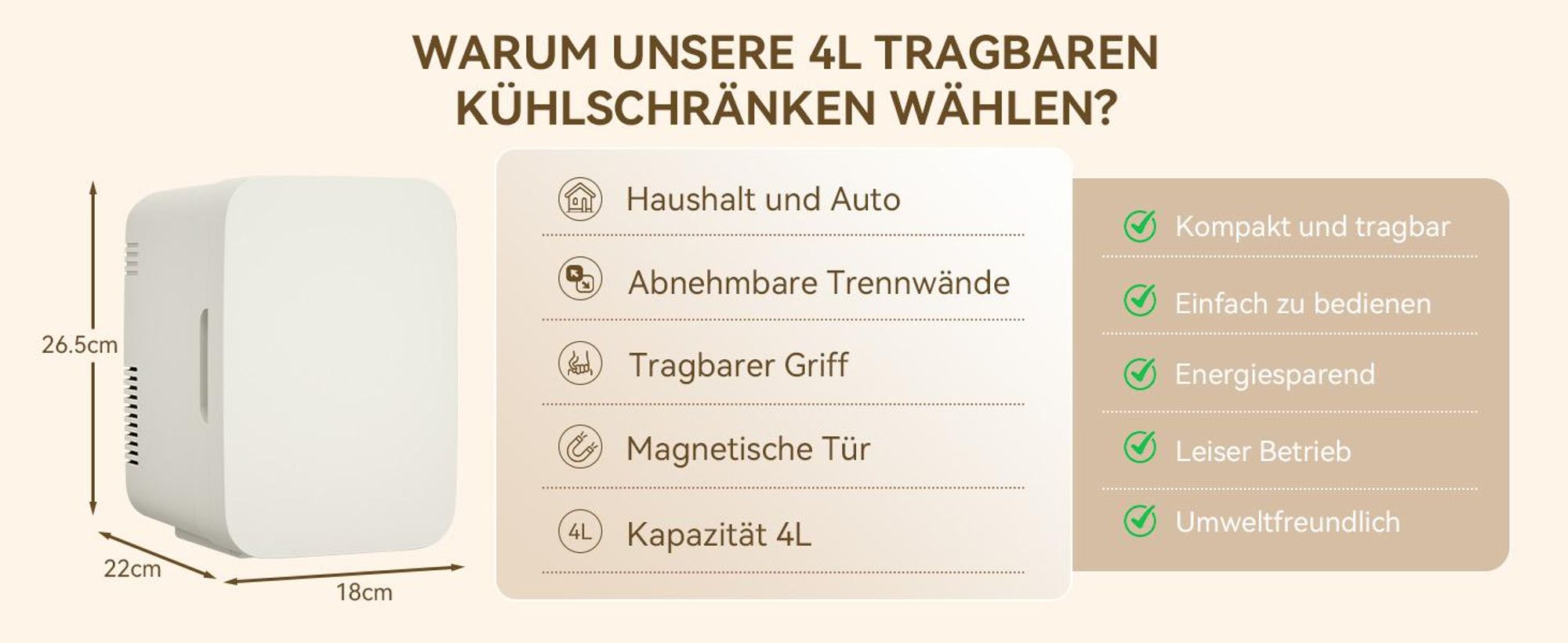 Puluomis Mini Kühlschrank 4L, 2 in 1 Warm- und Kühlbox tragbar Ultra-Leiser Auto Kühlbox (<30dB) 12V/220V /230V AC/DC für Getränkedosen, Snacks Beige