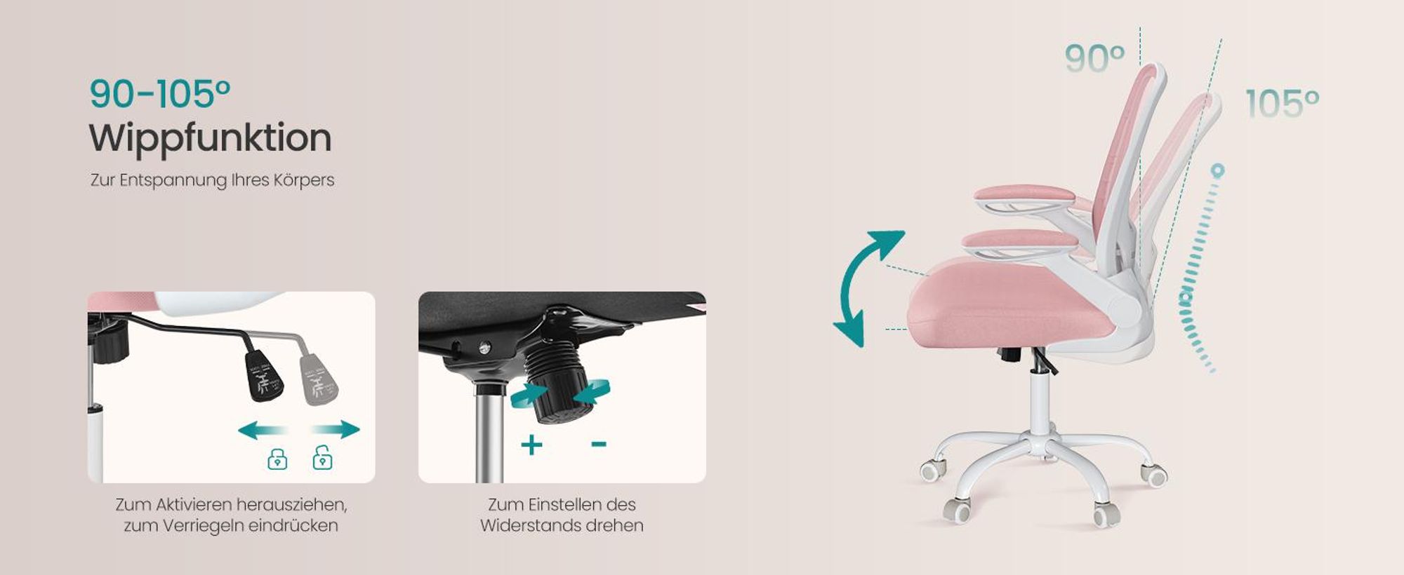 SONGMICS Schreibtischstuhl, atmungsaktive Netzbespannung, pastellrosa