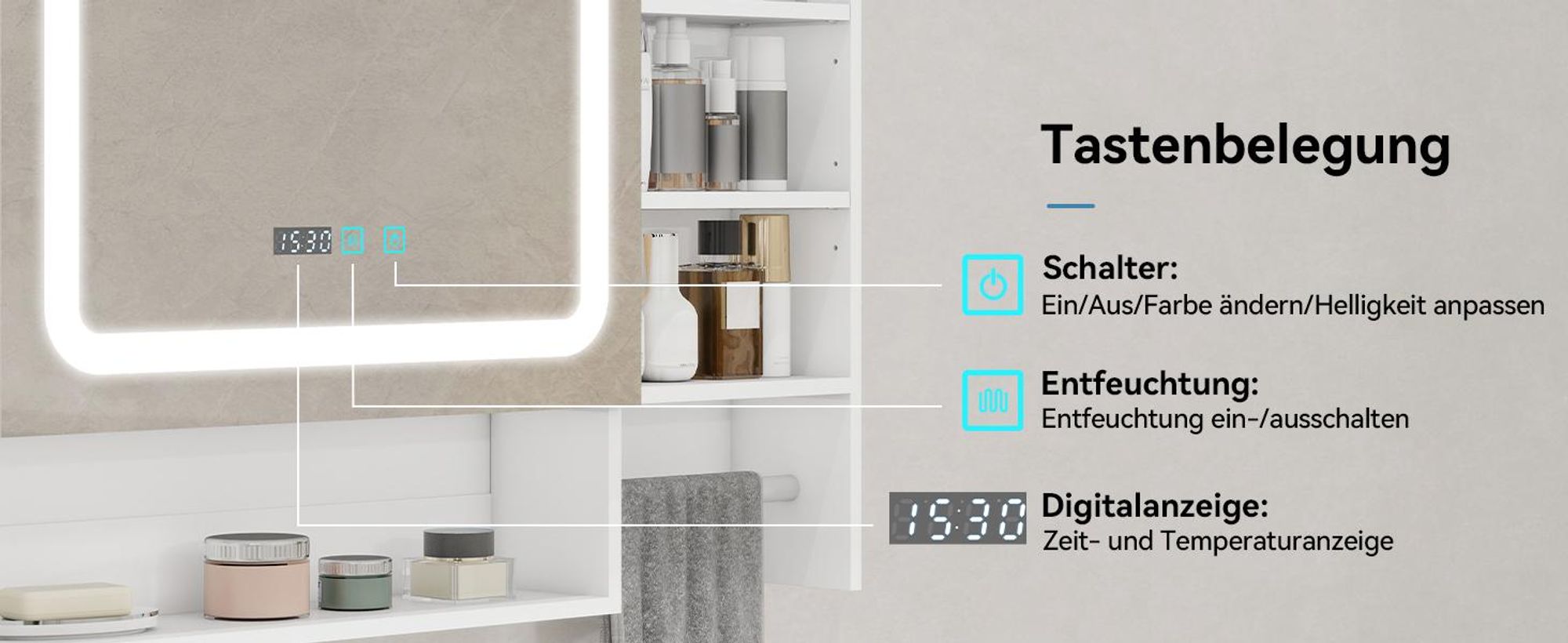 Puluomis Spiegelschrank Bad 80cm mit 3 färbiger dimmbarer Beleuchtung, Digitaler Uhr, Handtuchhalter, Antibeschlag Badezimmerschrank Wandschrank weiß