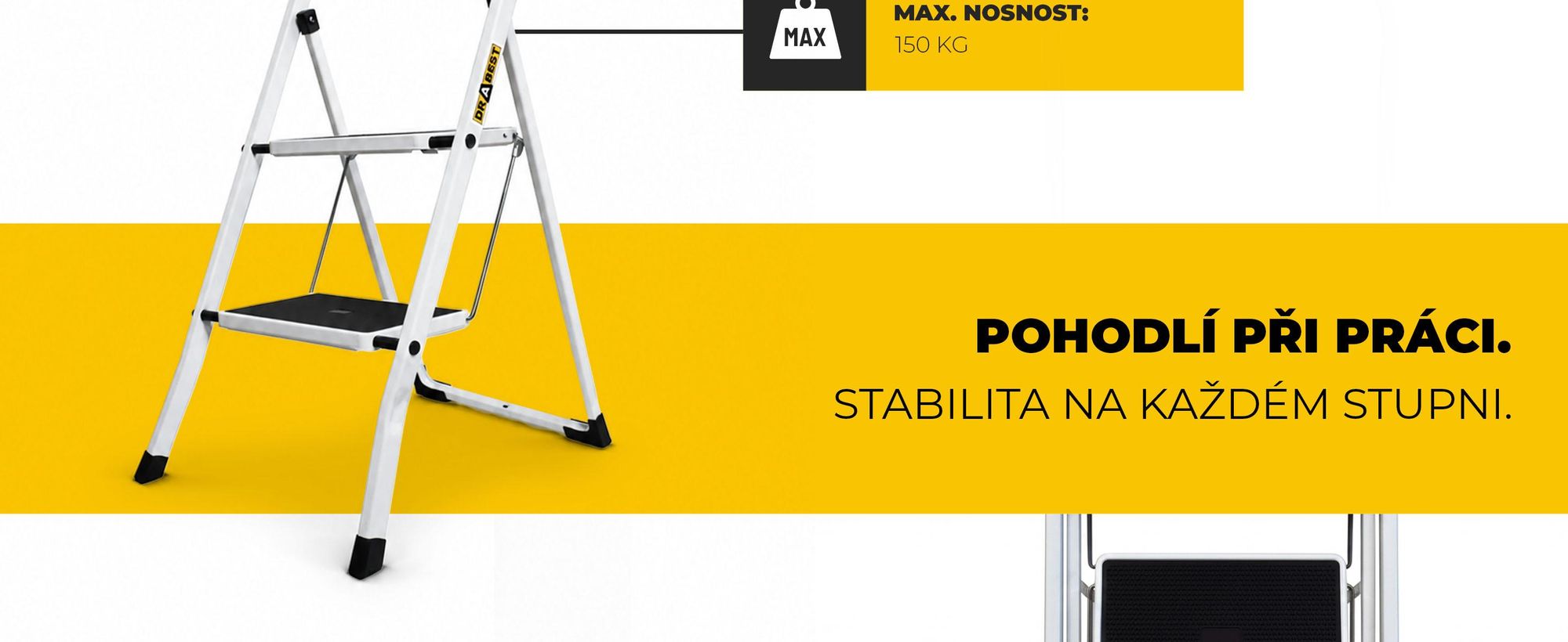 DRABEST | Rebrík - séria PRO, 2 stupne - nosnosť 150 kg, skladací rebrík, rebrík 2 stupne, rebrík pre domácnosť