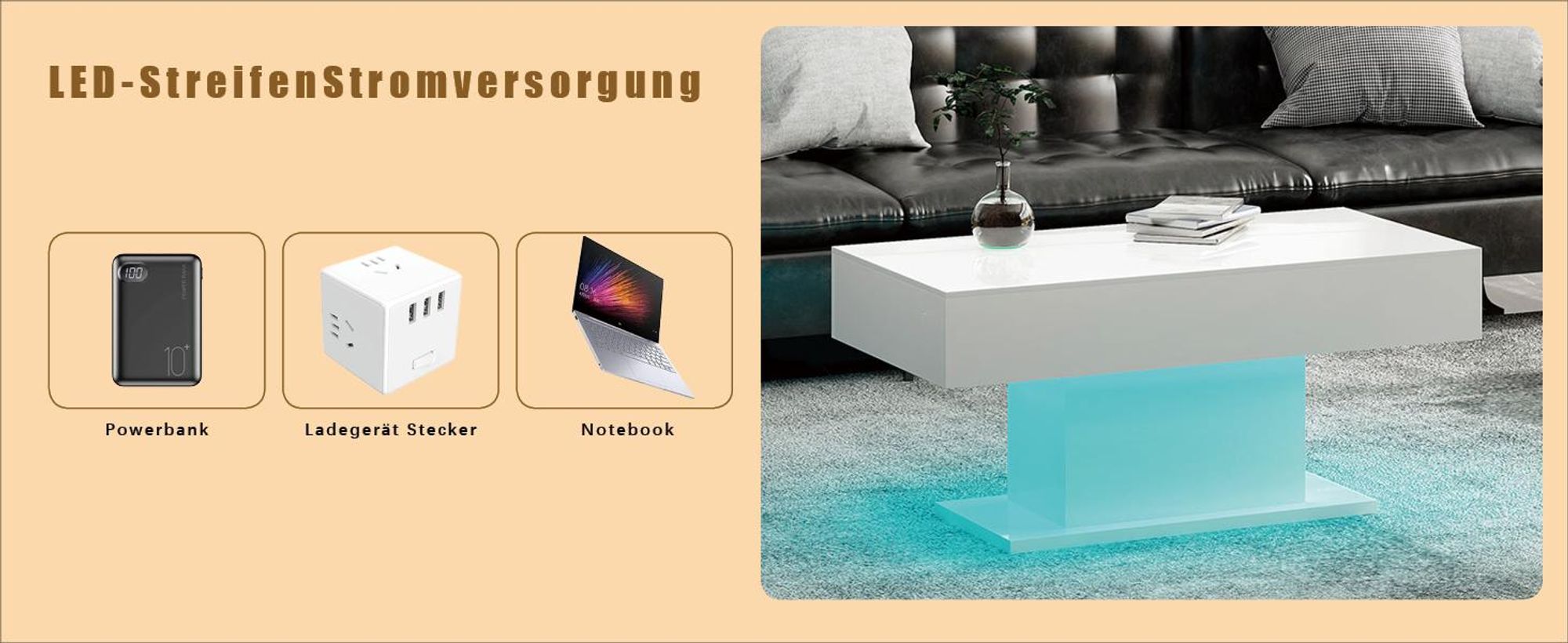Radelldar Modern Couchtisch Wohnzimmertisch Hochglanz mit Beleuchtung, USB, 110x55x50cm, Weiß
