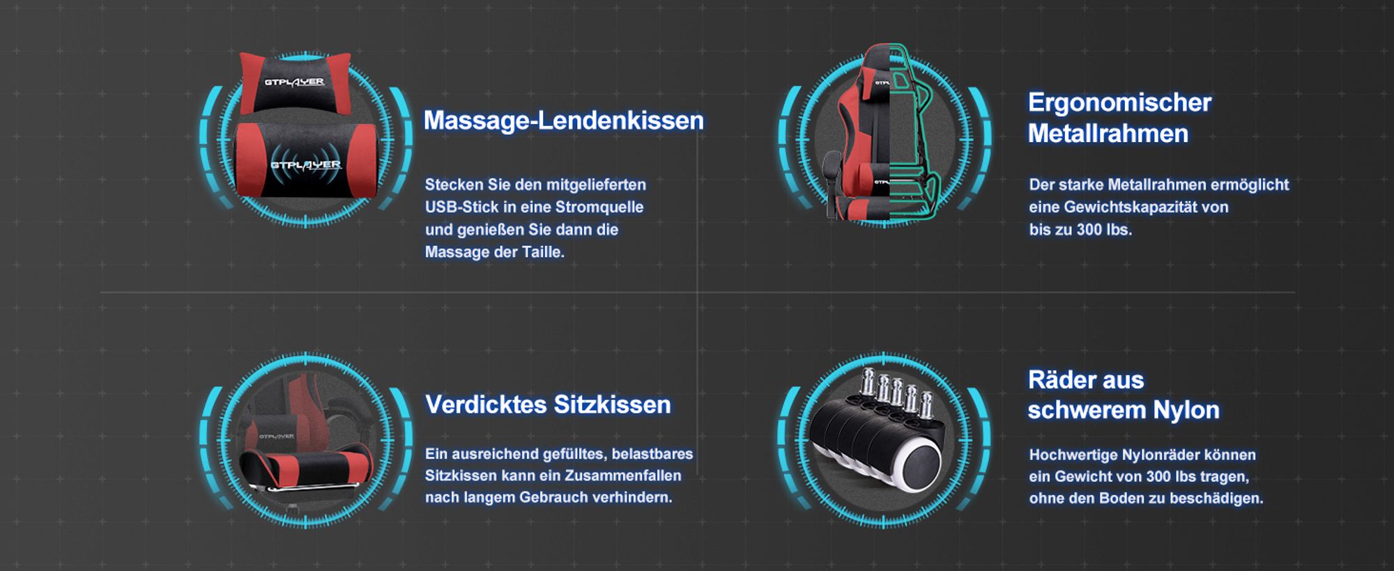 GTPLAYER Bürostuhl Gaming Stuhl Stoff Gaming Sessel Ergonomischer Gamer Stuhl mit Fußstütze, Kopfstütze Lendenkissen, Gepolstert Gaming Chair, ROT