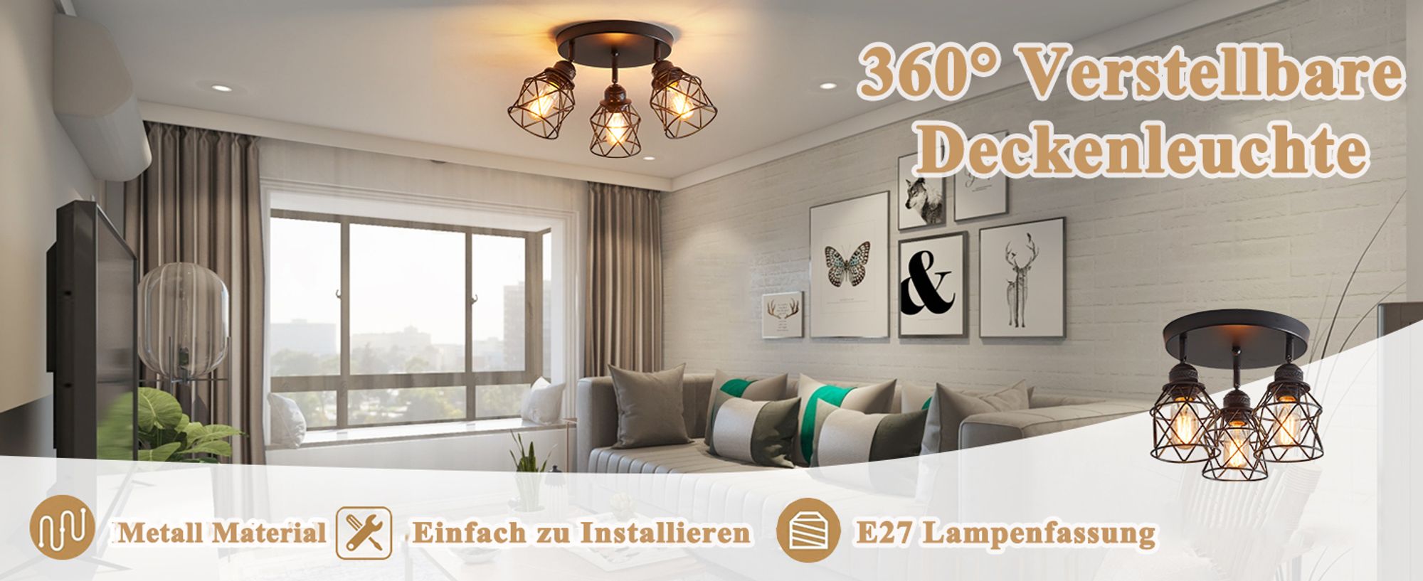 Deckenleuchte Vintage Schwenkbar Deckenstrahler E27 3-Flammige Deckenlampe Deckenspot für Wohnzimmer, Schlafzimmer, Küche, Flur