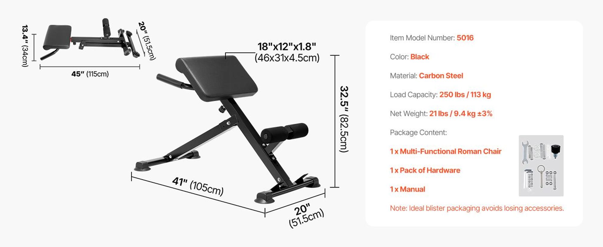 VEVOR Roman Chair Super Extension Bench 113 kg Tragkraft Klappbar, Rückenmuskeltraining Trainingsgerät, Home Gym Fitness Gewichtheberbank