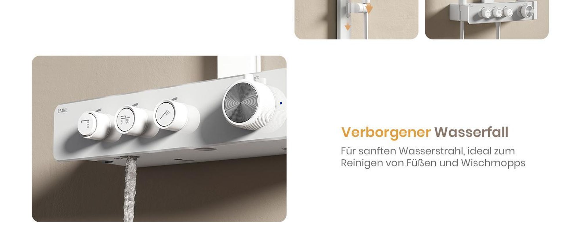 EMKE Duschsystem mit Thermostat Duschsäule Weiß mit 360×240mm Regendusche eckig, Badewannenauslauf, Wassermengenregler & Glasablage F27