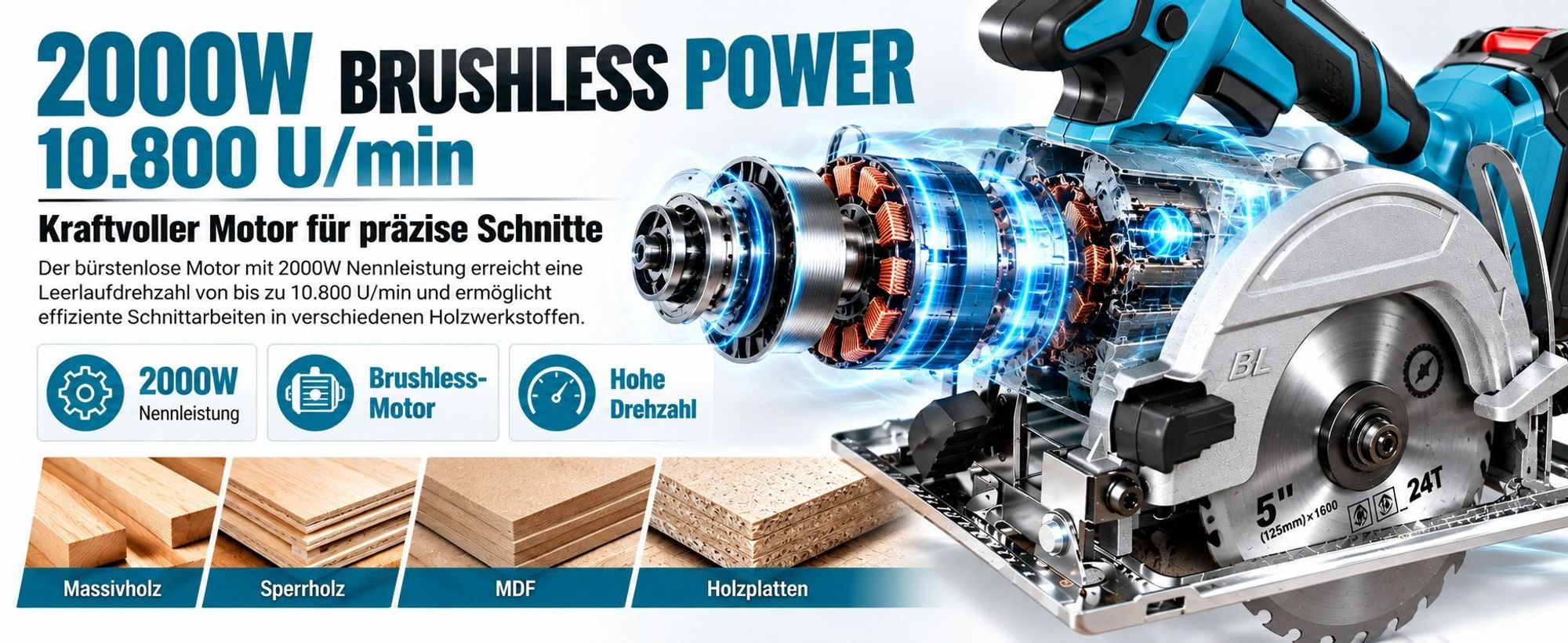 Akku-Handkreissäge 21V 2000W Brushless, 125mm Mini Kreissäge mit 2×4,0Ah Akkus, 10800 U/min, 45mm Schnitttiefe, 0–45° einstellbar, 3 Sägeblätter