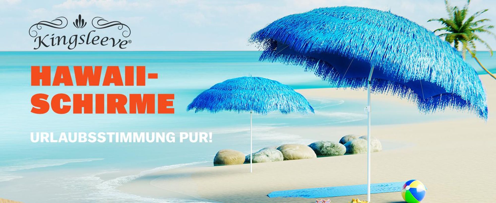 KINGSLEEVE® Sonnenschirm Hawaii Ø160cm Neigbar Höhenverstellbar UV Schutz 30+ Groß Rund Balkon Strand Strohschirm Strandschirm Bast Hawaiischirm Blau