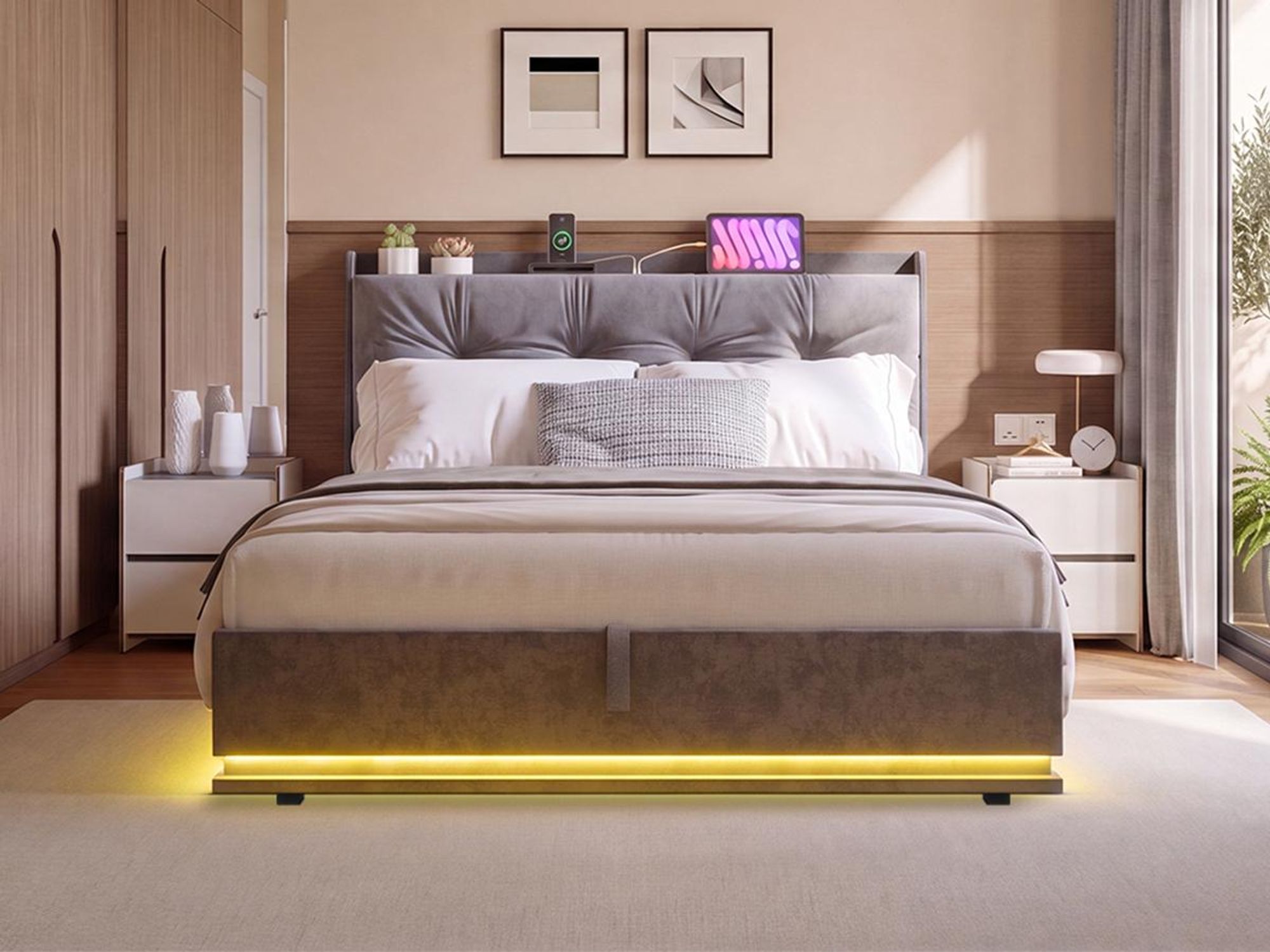 INONEFT Boxspringbett Polsterbett 160x200 mit LED und USB,Hydraulisches Stauraumbett mit Kopfteil und Lattenrost,Doppelbett Jugendbett,Samt,Grau