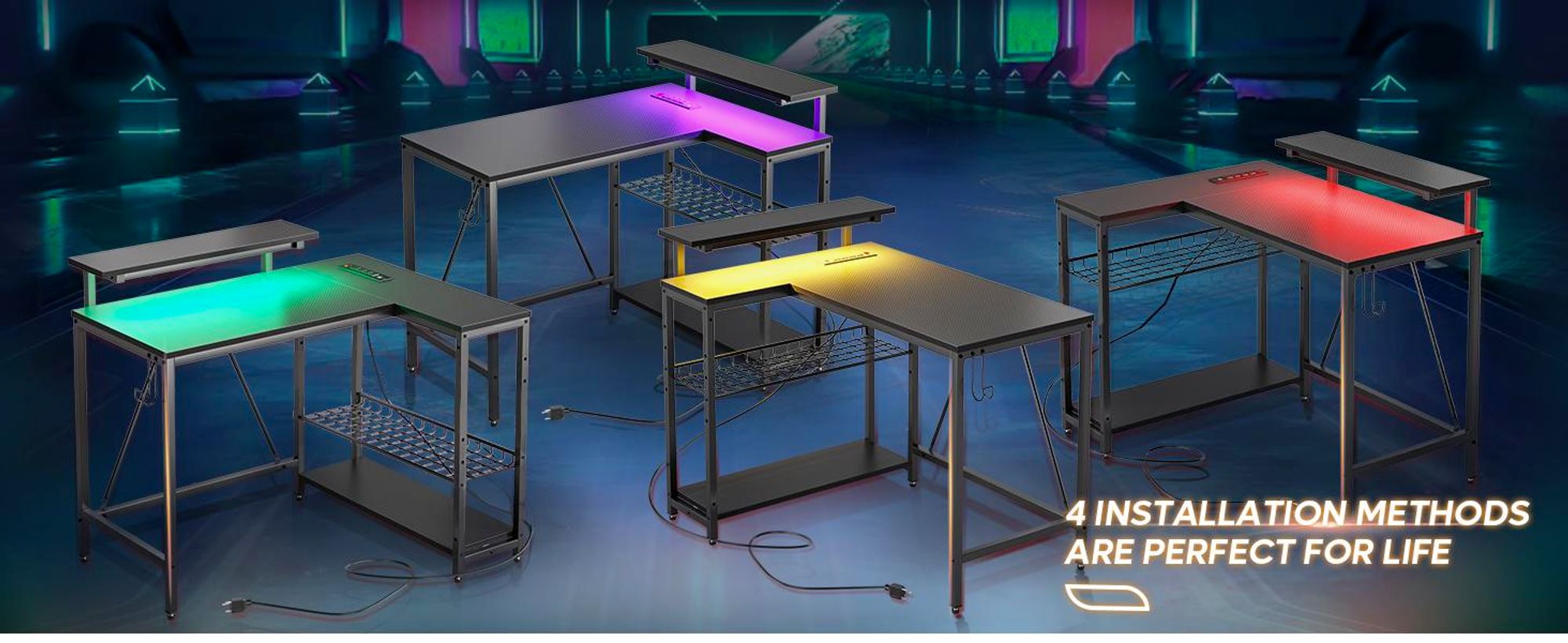 Bestier Gaming-Eckschreibtisch L-Form 132 cm – mit LED, Steckdosen, 2 Regalen & Haken – Umkehrbarer Computertisch für kleines Büro, Schlafzimmer