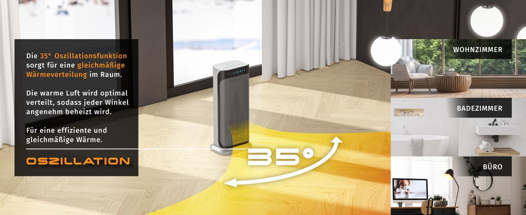Brandson 2000W Keramik Heizlüfter, energiesparend, leise, Oszillationsfunktion 35°, Überhitzungsschutz, Automatische Abschaltung, Umkippschutz, 2x Heizstufen, Schwarz/Silber