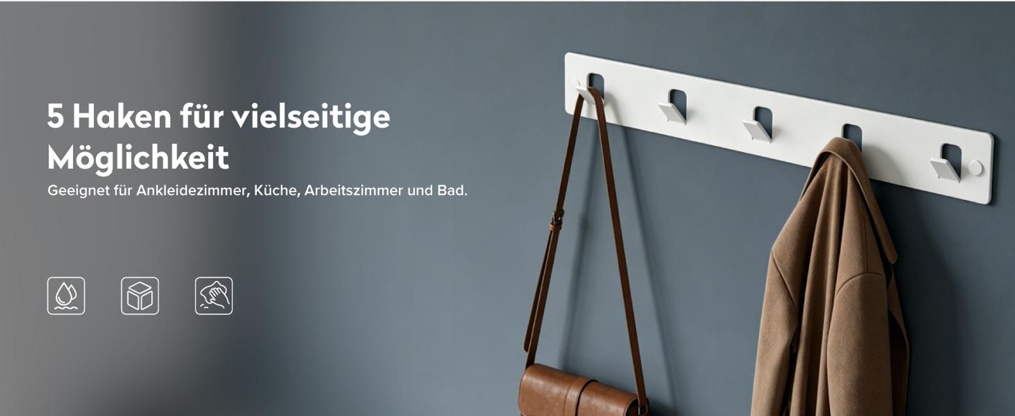 doporro Garderobenleiste mit 5 Haken, Wandgarderobe mit Garderobenhaken, Kleiderhaken Wand, Hakenleiste, selbstklebend oder zum Bohren, Weiß, Stalo-14