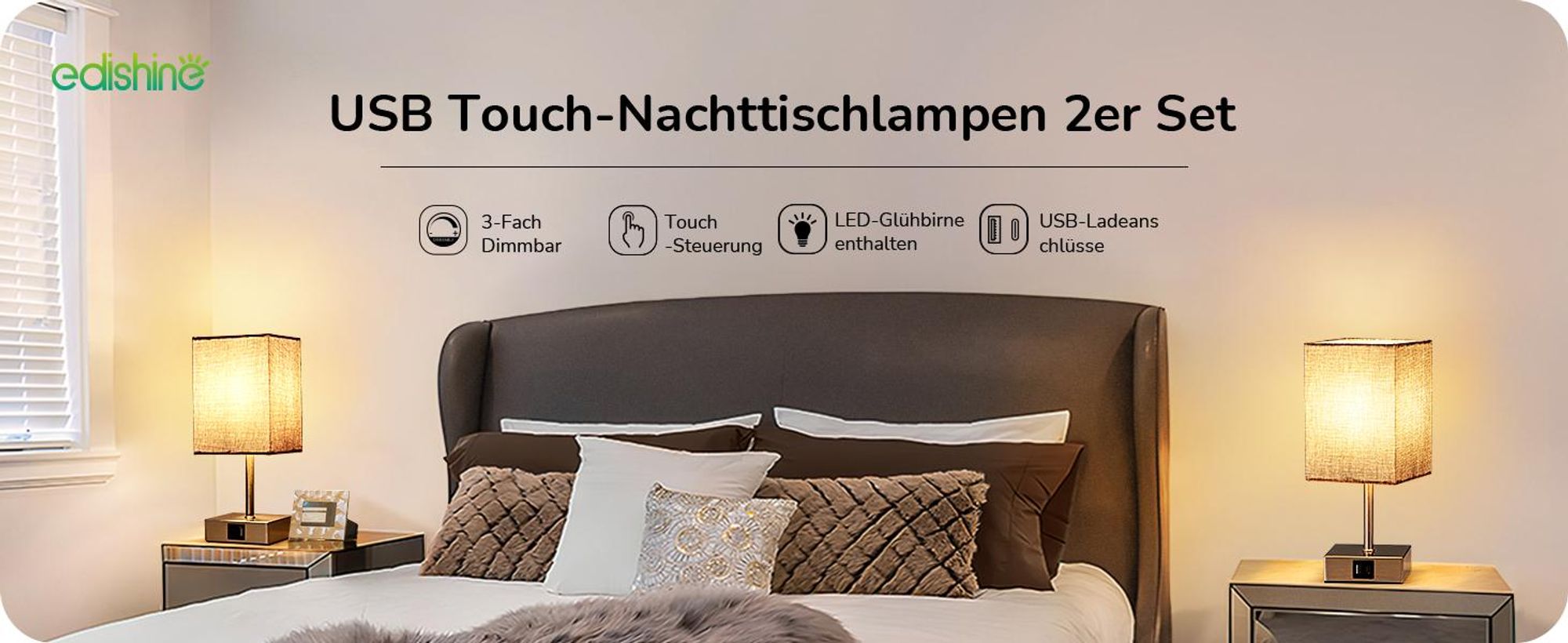 EDISHINE Tischlampe 2er Set Touch Dimmbar, Nachttischlampen mit Ladefunktion, Grau