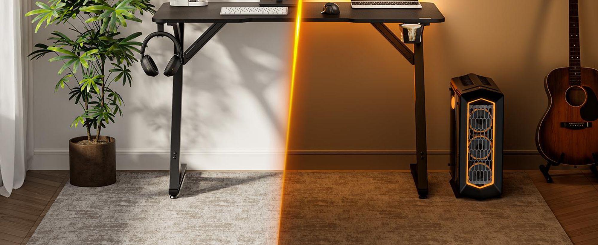 Sense7 VAMO, herní stůl, 100x50 cm, černý, počítačový stůl, malý, design s karbonovým vzhledem, herní stůl ve tvaru "Z" s držákem na nápoje, vhodný pro domácí kancelář a kancelář