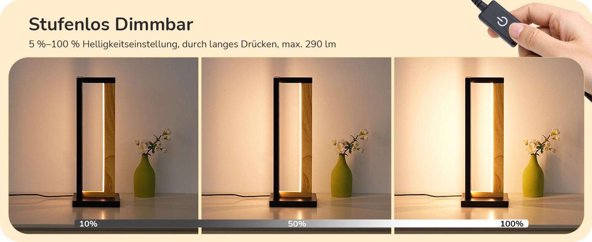 EDISHINE Nachttischlampe Touch Dimmbar, Moderne Tischlampe mit 3 Farbtemperaturen und Memory-Funktion, Metall & Holz Design,35cm