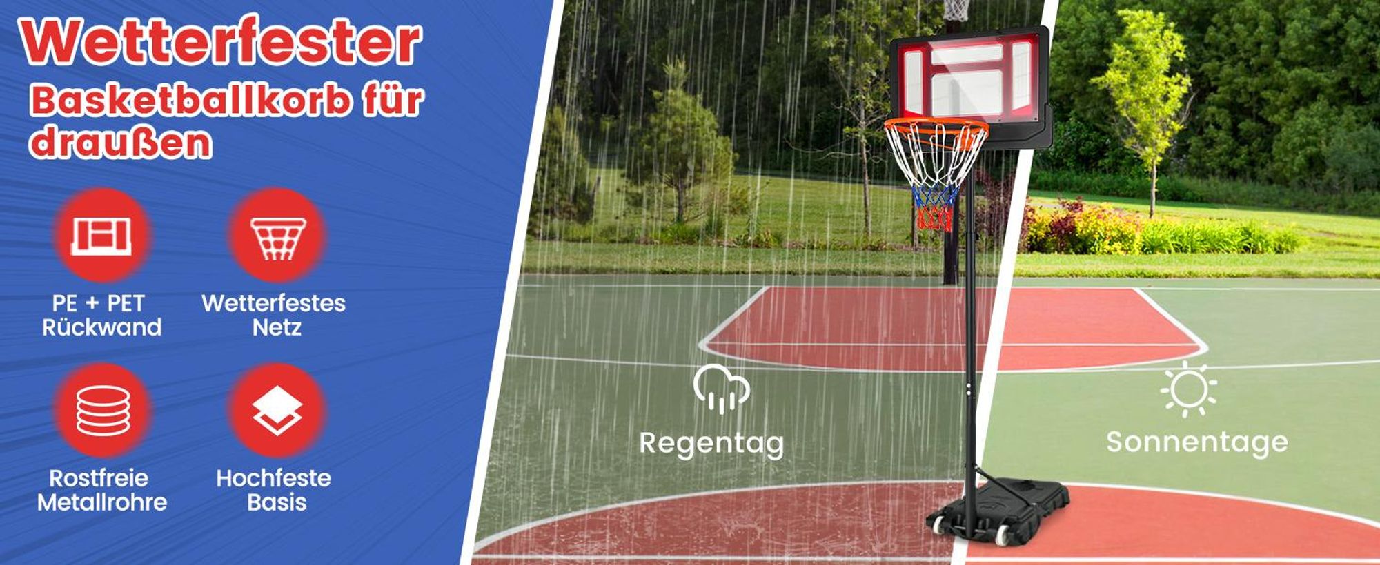 COSTWAY Basketballkorb mit Ständer 90-210 cm höhenverstellbar, Basketballständer mit 2 Rädern, Korbanlage für Kinder, Erwachsene, wetterbeständig Outdoor