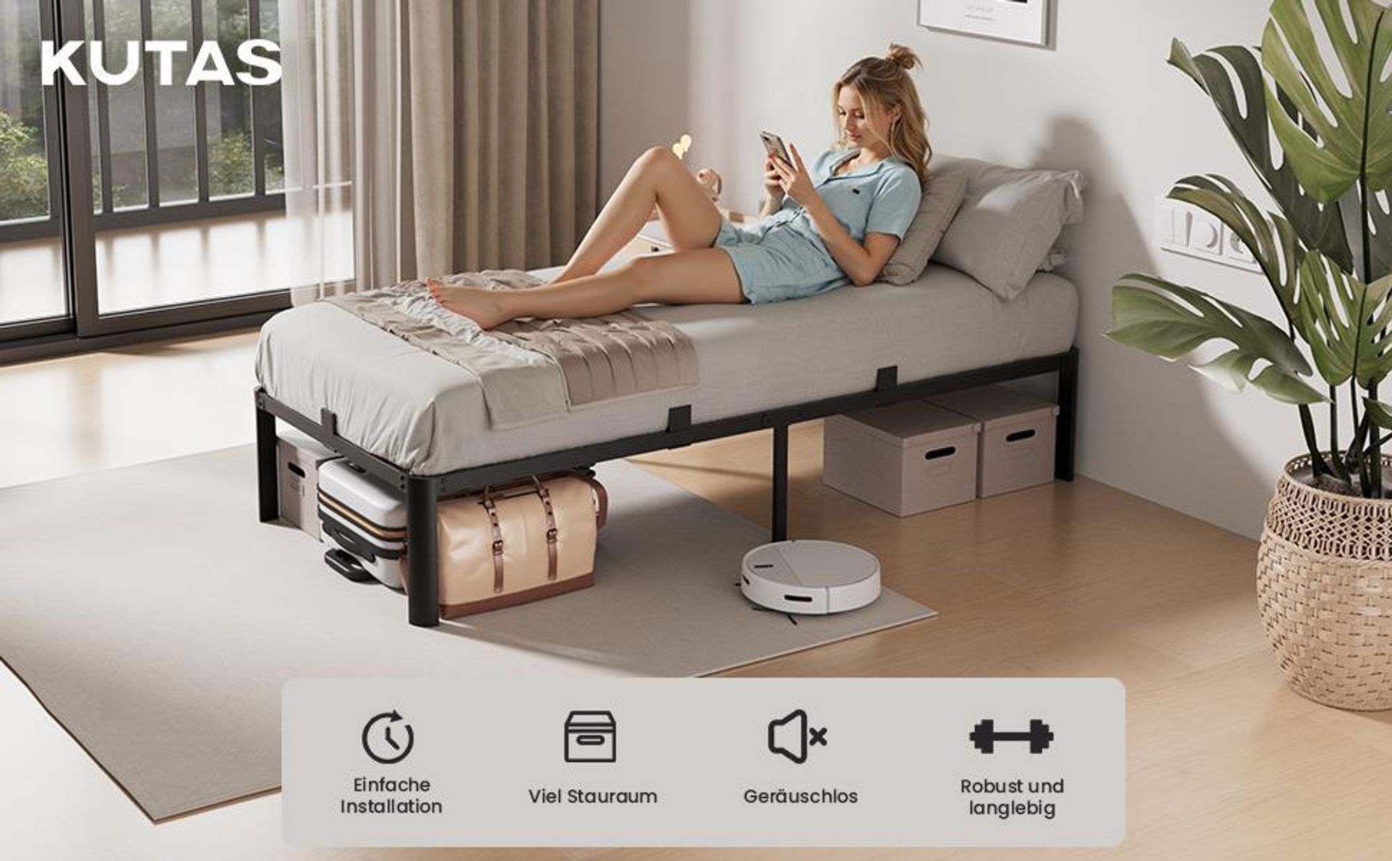 90 x 200 cm Bett , Bettgestell mit Stauraum, KUTAS Betten mit 14 Reihen Metalllamellen & fächerförmigen Füßen, Industriestil, bis 260 kg, Schwarz