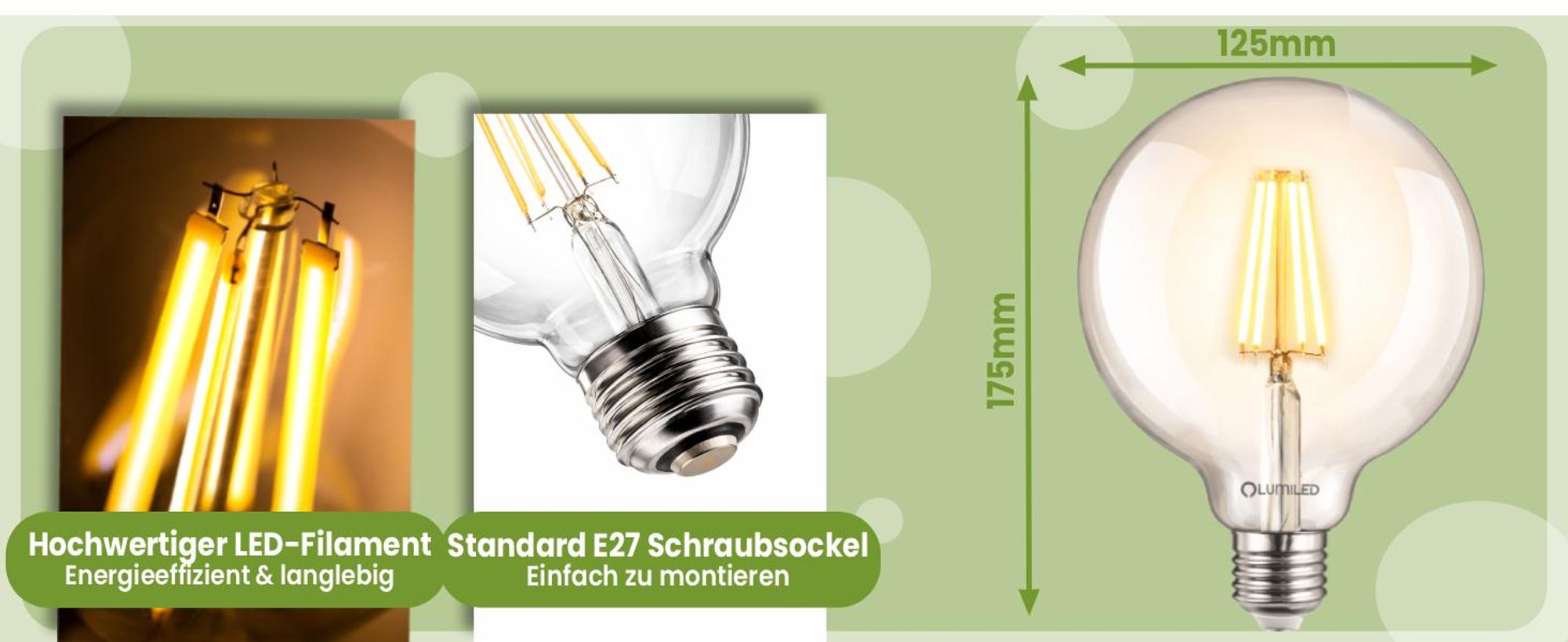 LUMILED G125 E27 LED Vintage Lampe 7W (Entspricht 60W) 806 Lm transparentes Glas Leuchtmittel kugelförmig 3000K Warmweiß Licht Kugel Retro Birne 360° Glühbirnen Filament