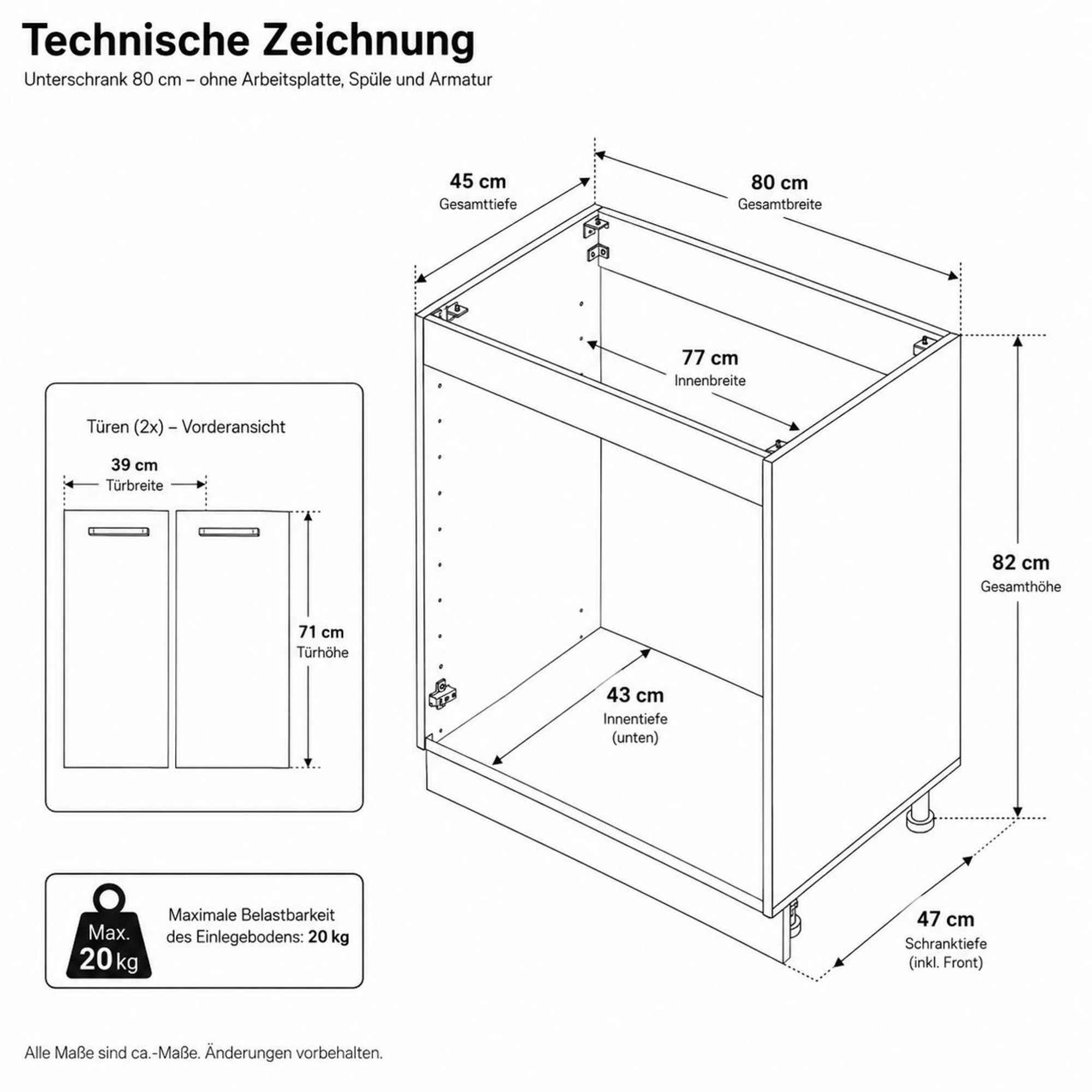 Spülenschrank 80 cm Kaschmir Beige: Technische Zeichnung, Bemaßung & Belastbarkeit.