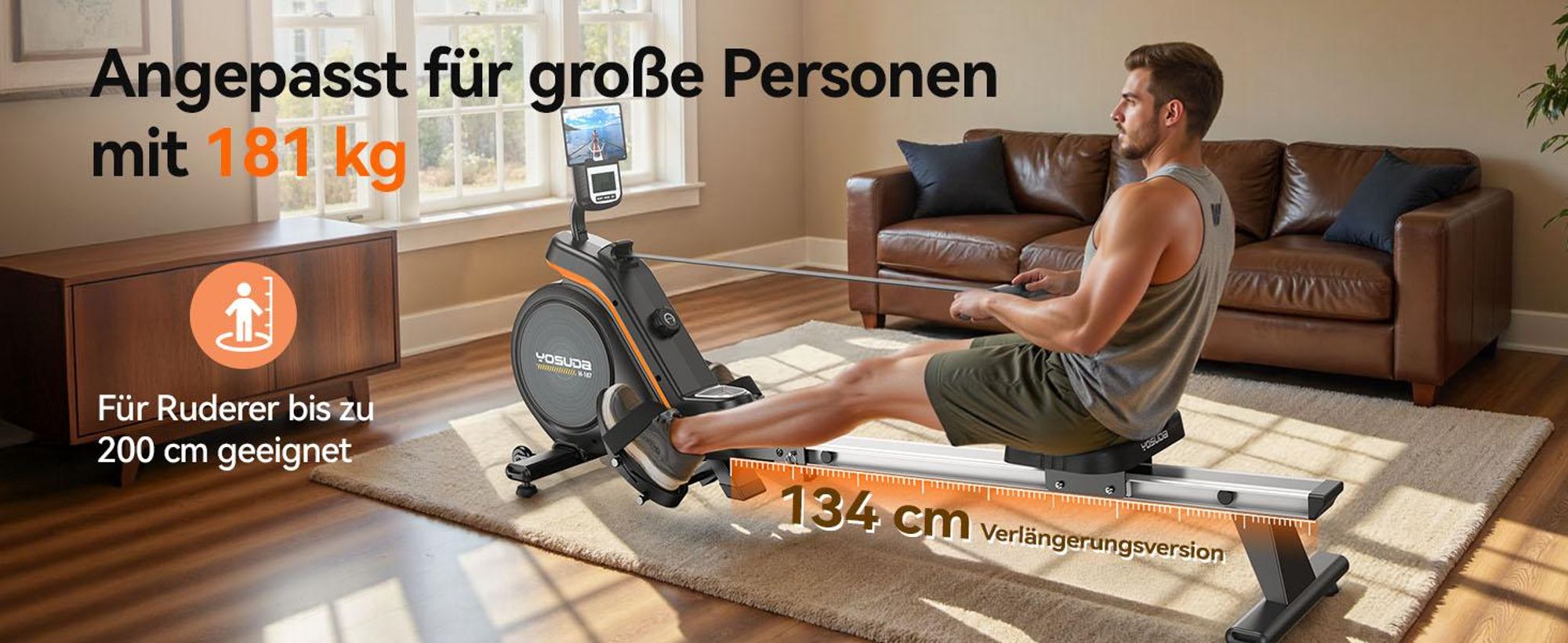 YOSUDA Rudergerät Zuhause, 16 Dynam. Widerstand, für Große bis 181kg, Ultra-Leise Magnetisch, Komfort-Sitz, Bluetooth/App, Alu-Schiene