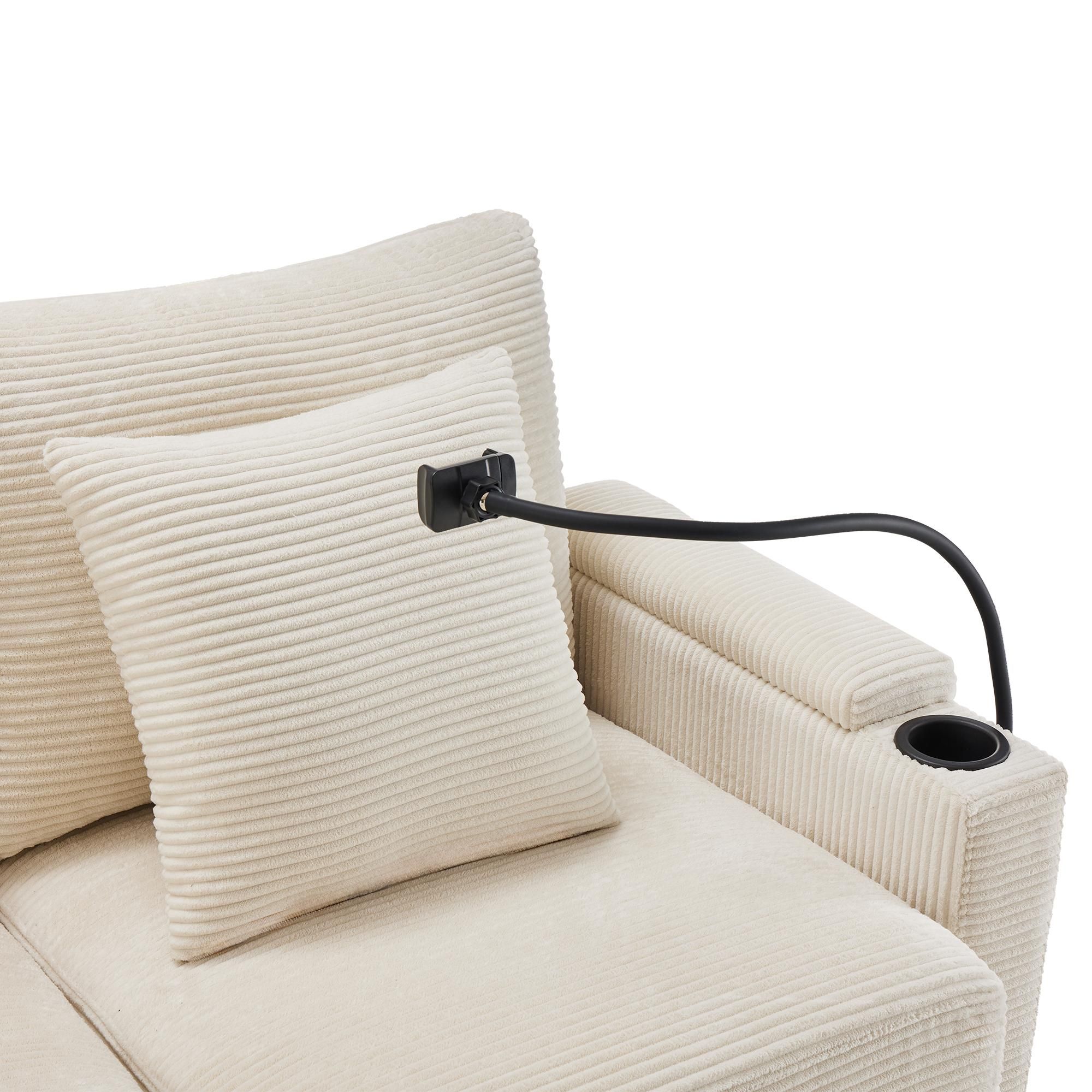 Merax Ecksofa, mit Schlaffunktion, L-Form 3-Sitzer-Sofa mit Fußhocker, Getränkehalter, USB, Type C, Armlehnenablage, Couch, Bettsofa, Cord, Beige
