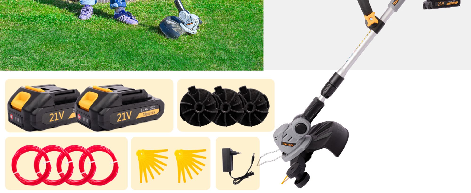 BESTEN Akku-Trimmer, Rasentrimmer, elektrischer Freischneider, 2x 2000mAh Akku, Set mit Nylonfäden und Klingen