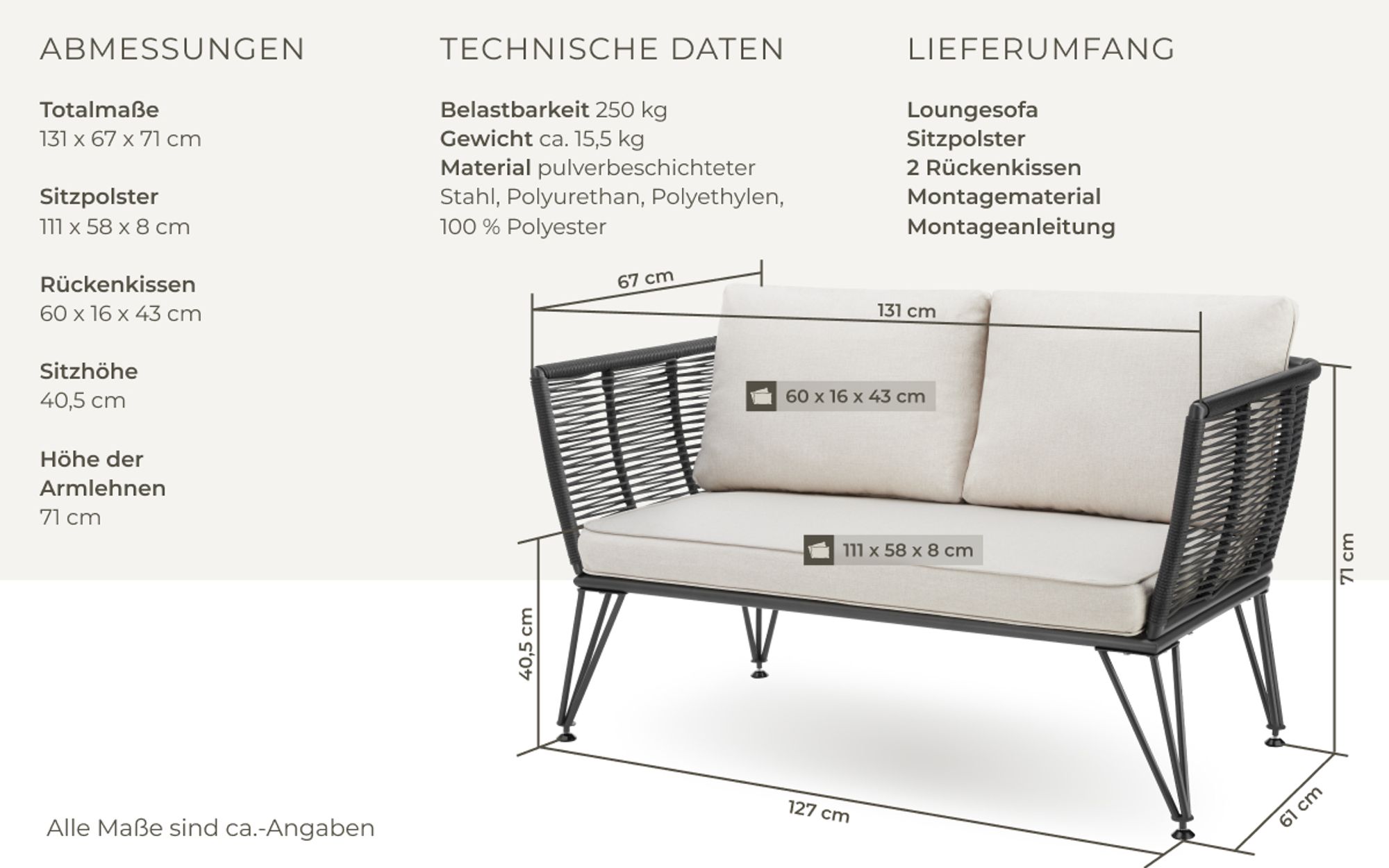 tectake® Garten-Loungesofa Sundo im Rope-Design mit Polyrattan