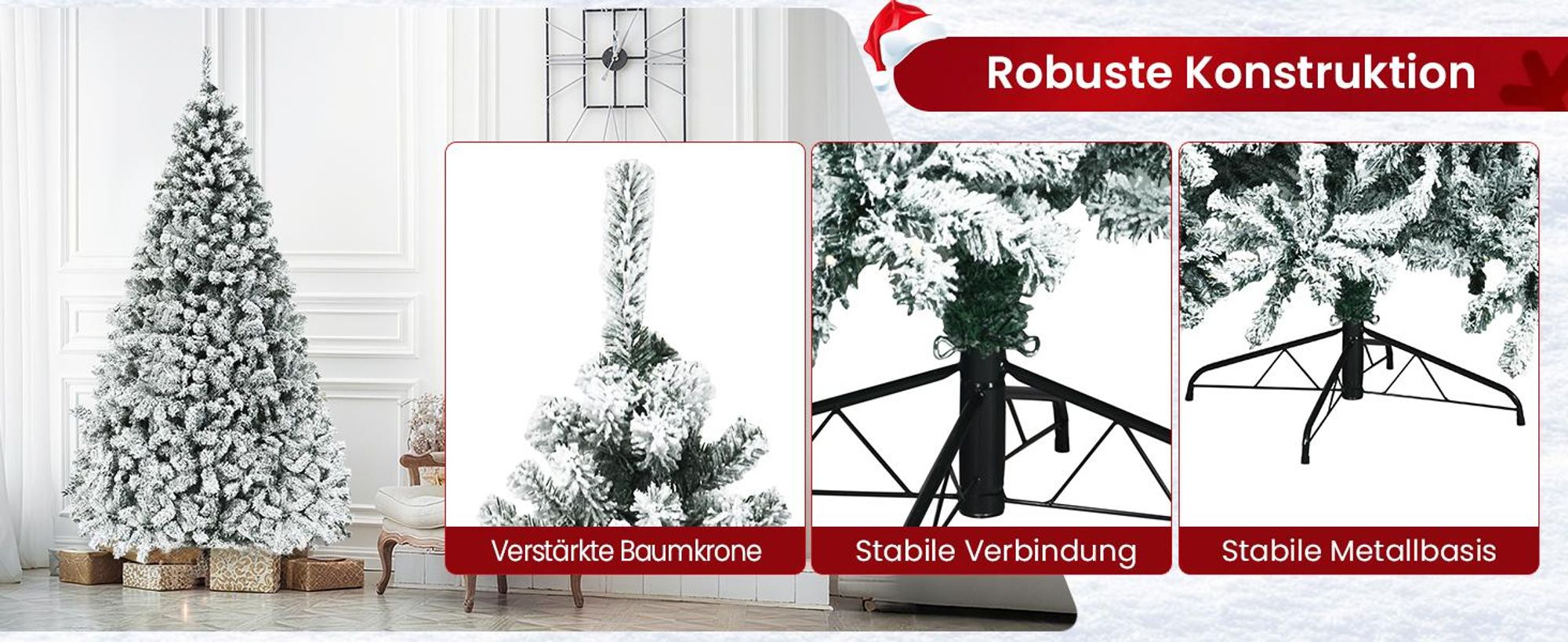 COSTWAY 225cm Künstlicher Weihnachtsbaum mit Schnee inkl. 1010 Spitzen PVC Nadeln, 450 warmweiße LED-Leuchten & Metallständer, Tannenbaum, Christbaum, weiß