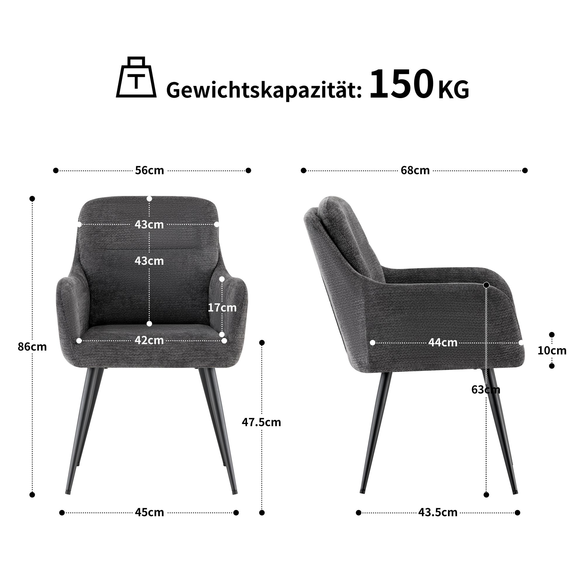 Deuline Armlehnenstuhl 2er Set, Sessel, Küchenstuhl, Chenille Stoff, Polsterstuhl, Esszimmerstuhl, 150 kg belastbar, Barcelona Grau 521259
