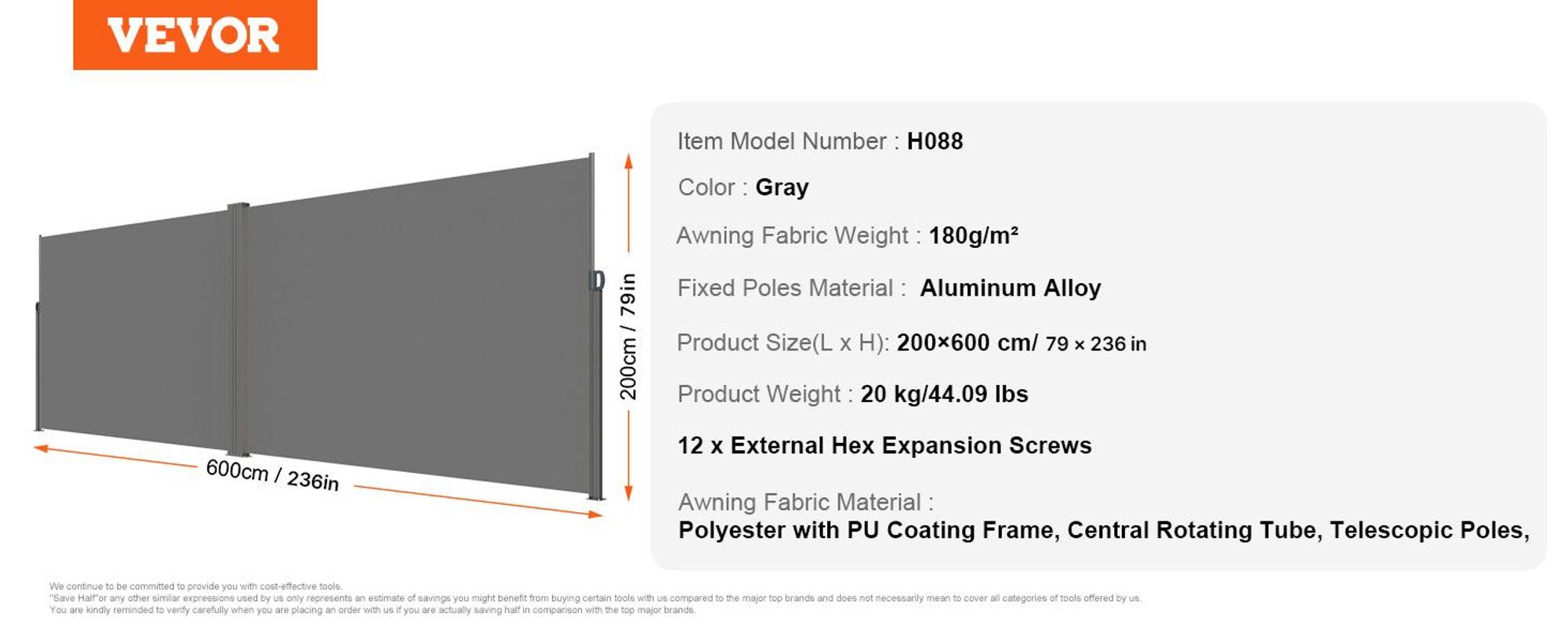 VEVOR Ausziehbare Seitenmarkise, 71''x 236'' Aluminium Außen-Privatsphäre Bildschirm, 280g Polyester Wasserfester Ausziehbarer Terrassenbildschirm, UV 30+ Raumteiler Windschutz für Terrasse, Garten, Balkon, Schwarz, Grau-200x600 cm