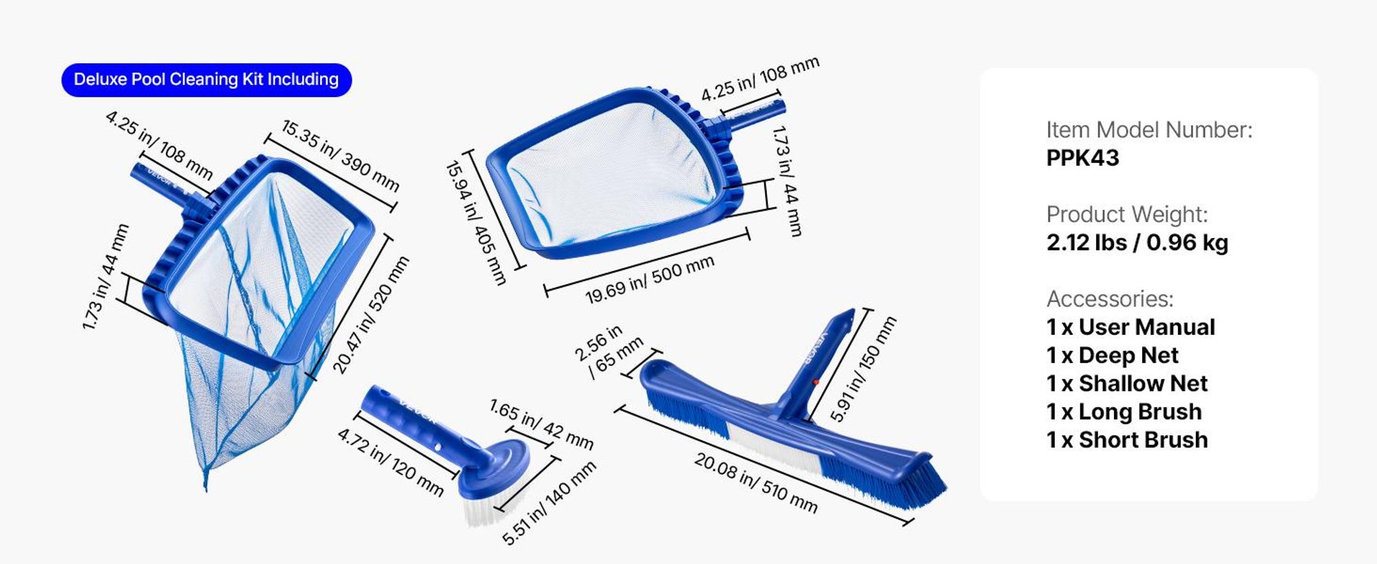 VEVOR Reinigungsset für Pools inkl. 2 abnehmbaren Bürstenköpfen (51/14 cm) & 2 P