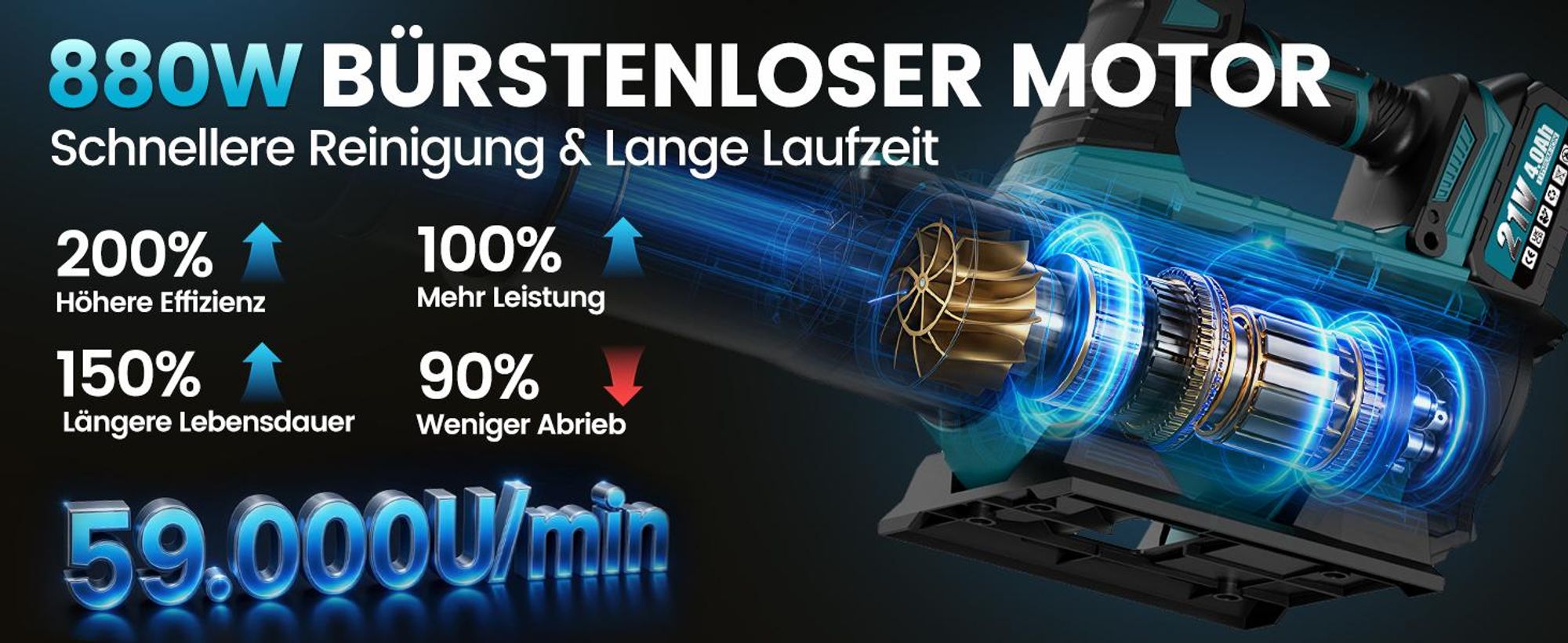 Akku Laubbläser 21V 6 Stufen mit 2x4000mAh Akku und Ladegerät, Akku-Gebläse 880W Bürstenlos bis 100 m/s für Laub, Staub, Schnee, Haus, Garten, Auto