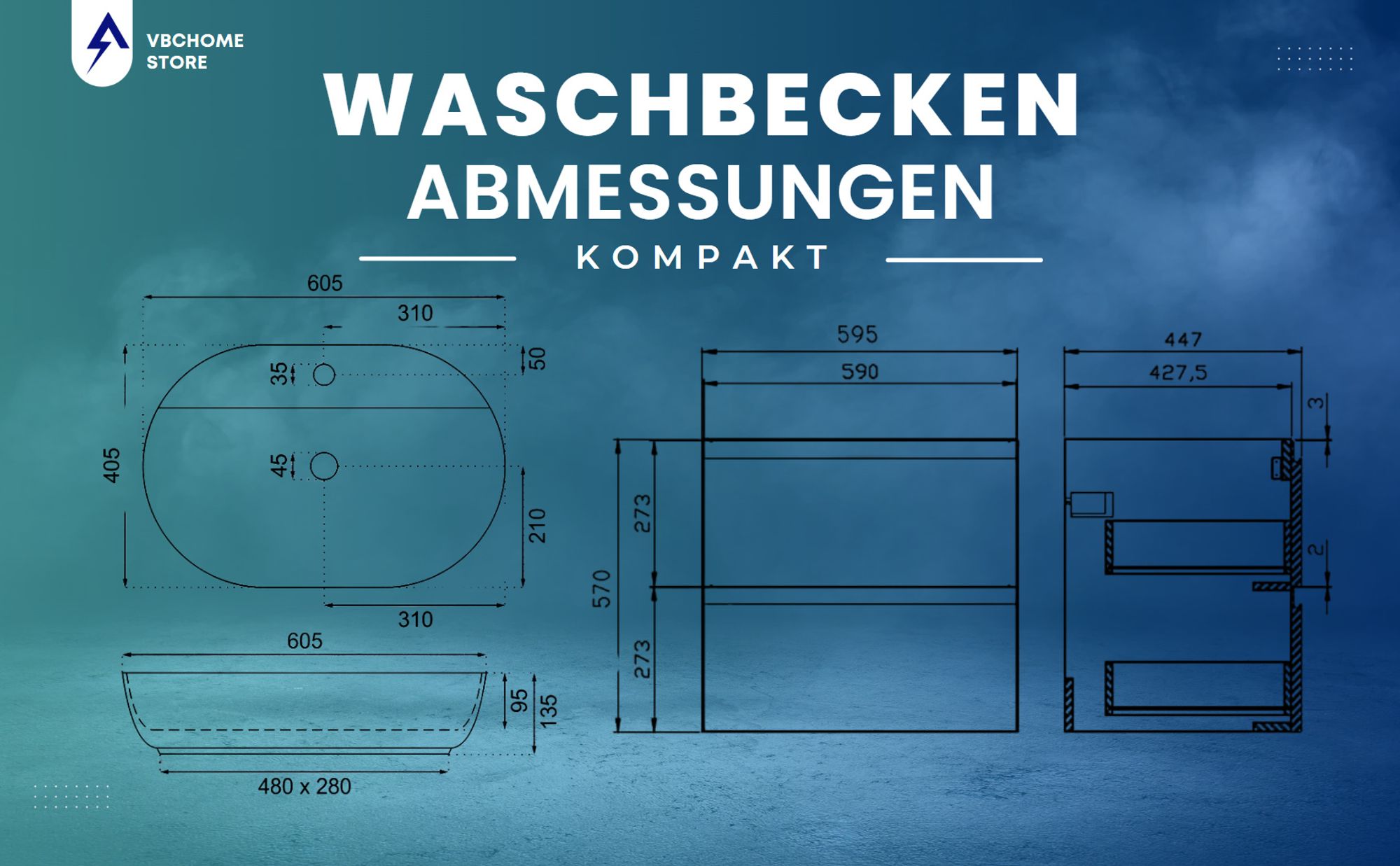 VBChome Badmöbel 60 cm Weiß Aufsatzwaschbecken mit Hahnloch 60x40 cm Aufsatzwaschtisch mit Waschbeckenunterschrank 2 Schubladen Badezimmerschrank