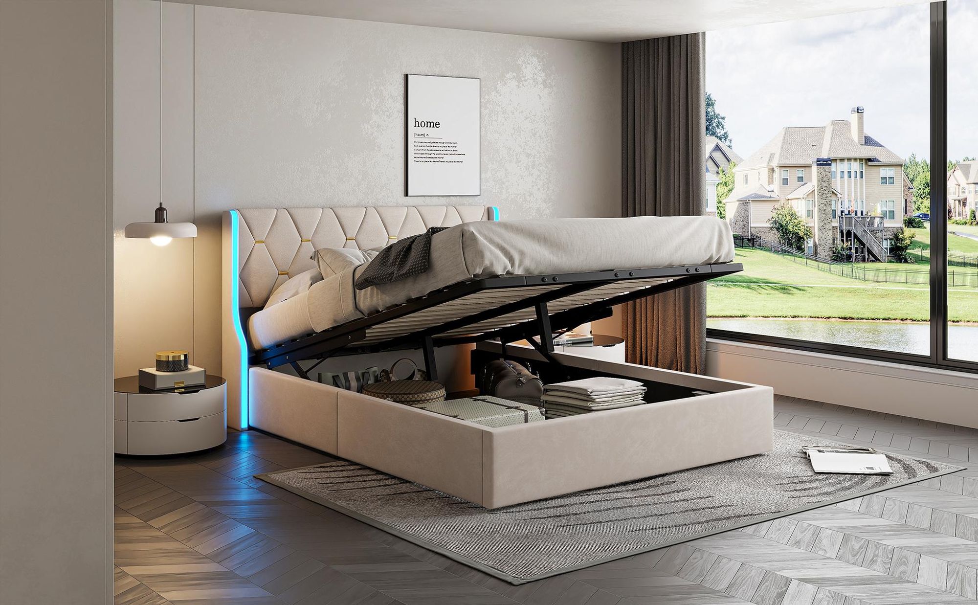 Fortuna Lai Polsterbett 140x200cm mit Bettkasten und LED-Beleuchtung, hydraulisches Boxspringbett mit höhenverstellbarem Kopfteil und Lattenrost, Samt Doppelbett Jugendbett Stauraumbett, Beige