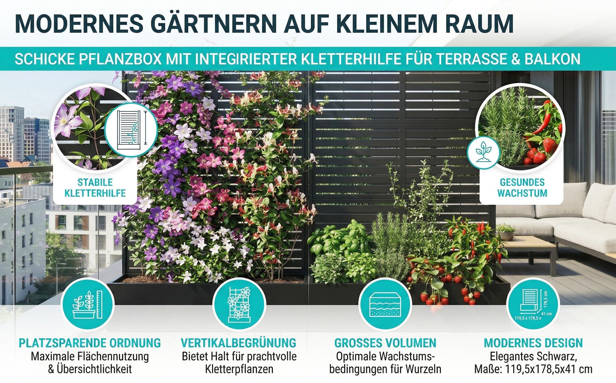 Blumenkasten mit Rankgitter, Spalier mit Pflanzkästen und Drainagelöchern, Gartenspalier aus Metall, groß, schwarz,