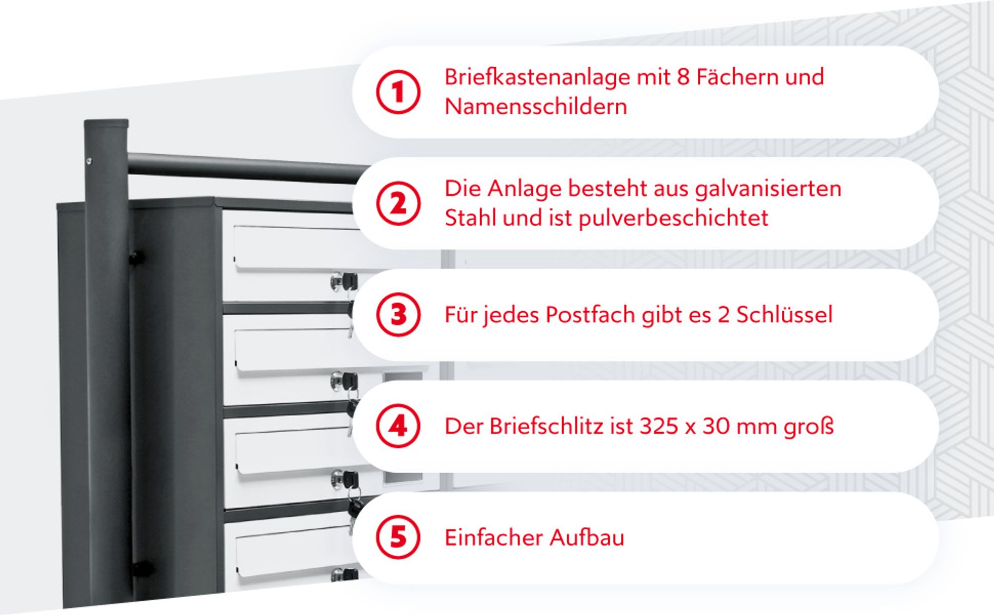 Wiltec 8er Briefkastenanlage Weiß/Anthrazit 945 x 270 x 1500 mm, Standbriefkasten mit 2x4 Fächern, Schlüssel und Namensschild, Briefkasten Postkasten mit Ständer