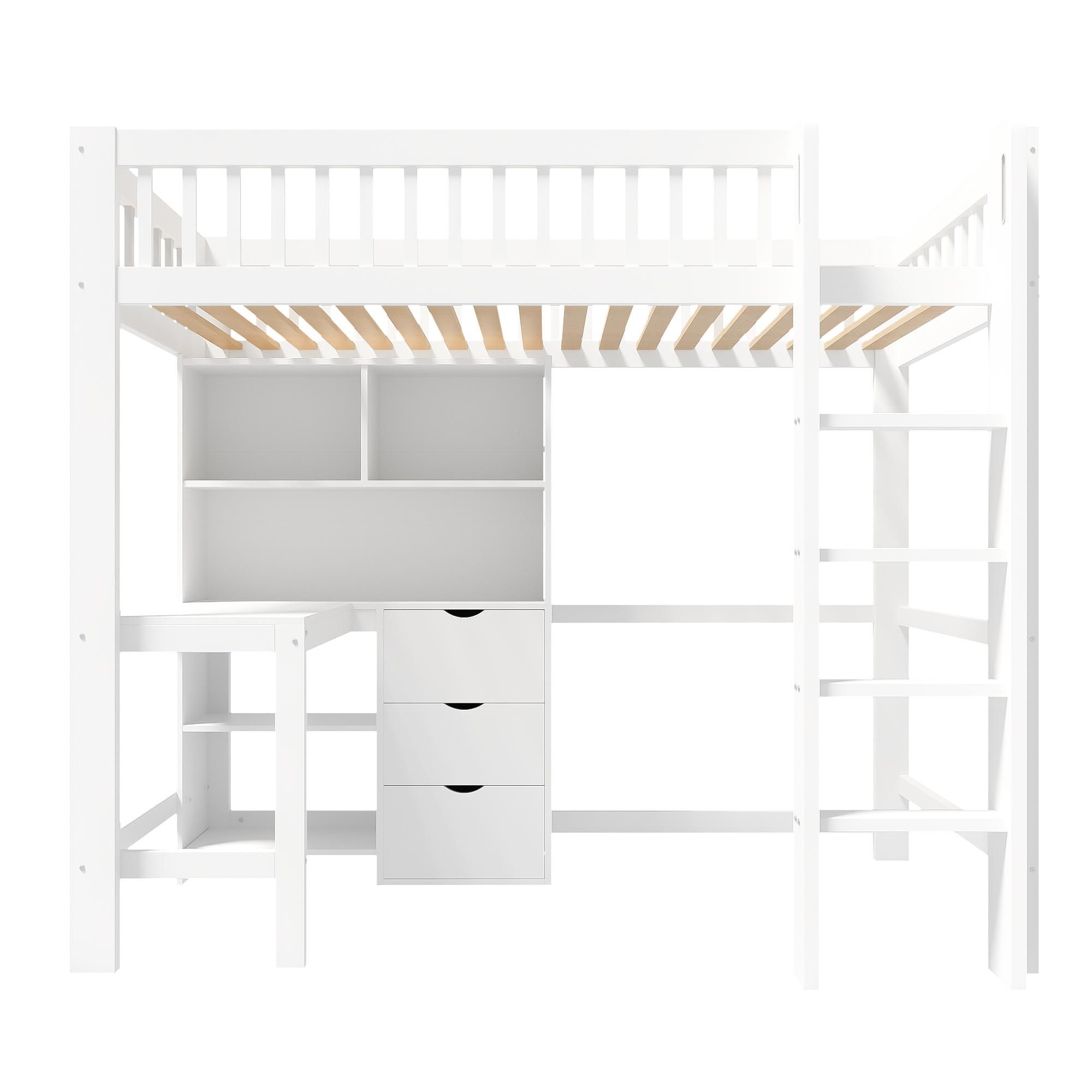 Flieks Etagenbett 90x200cm mit Schreibtisch und Regal, Kinderbett Hochbett mit Lattenrost, Stockbett Einzelbett mit Leiter, Weiß