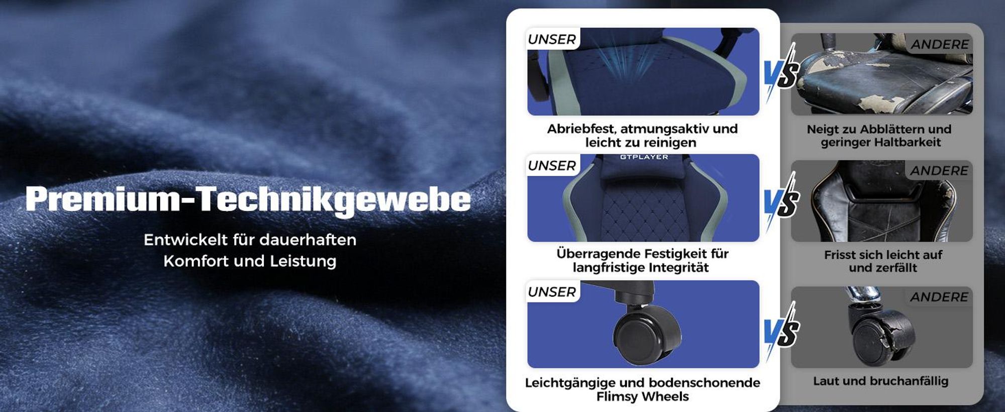 GTPLAYER Gaming Stuhl Ergonomischer Gaming Sessel Schreibtischstuhl PC Gamer Racing Stuhl mit Stoffoberfläche, Federsitzkissen, Verbindungsarmlehnen, mit Fußstütze bis 153 kg belastbar