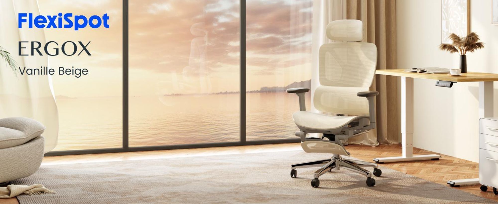 FLEXISPOT ErgoX Ergonomischer Bürostuhl mit Fußstütze, 3D-Armlehnen & Kopfstütze, 5D-verstellbare Rückenlehne, Tragfähigkeit von 136 kg, Beige