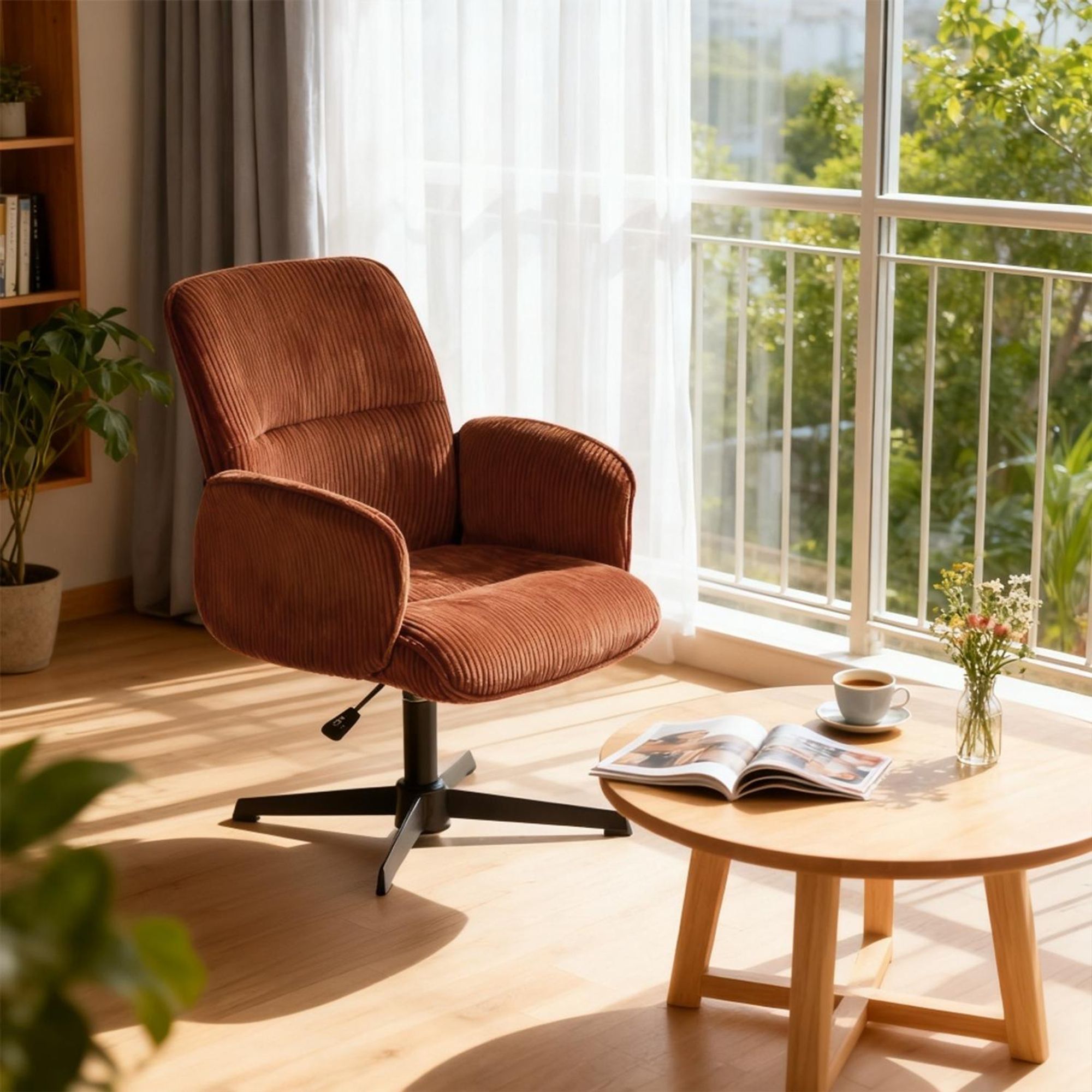 Meubles Cosy Ergonomischer verstellbarer Drehstuhl mit Armlehnen aus rotem Cord – THOMASINA