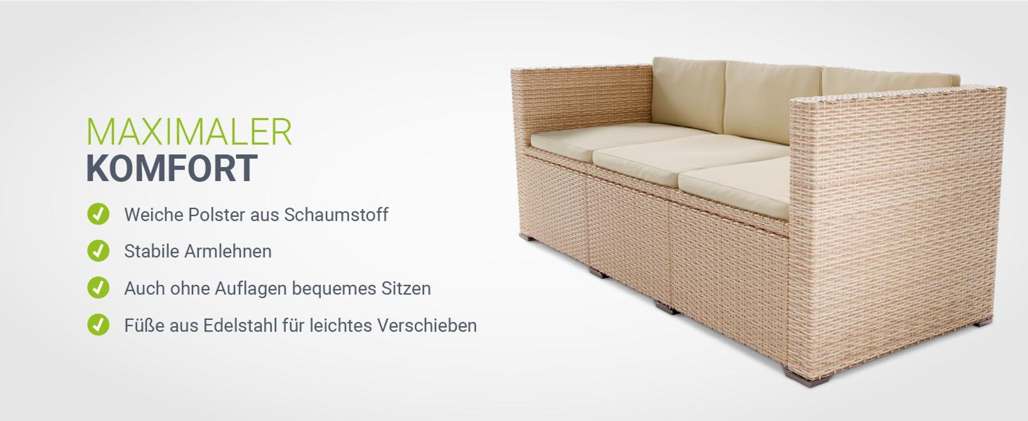 Juskys Polyrattan Lounge Punta Cana L creme – Gartenlounge für 4-5 Personen – Sitzgruppe mit Sessel, Sofa, Tisch & Hocker - Sitzbezüge Sand