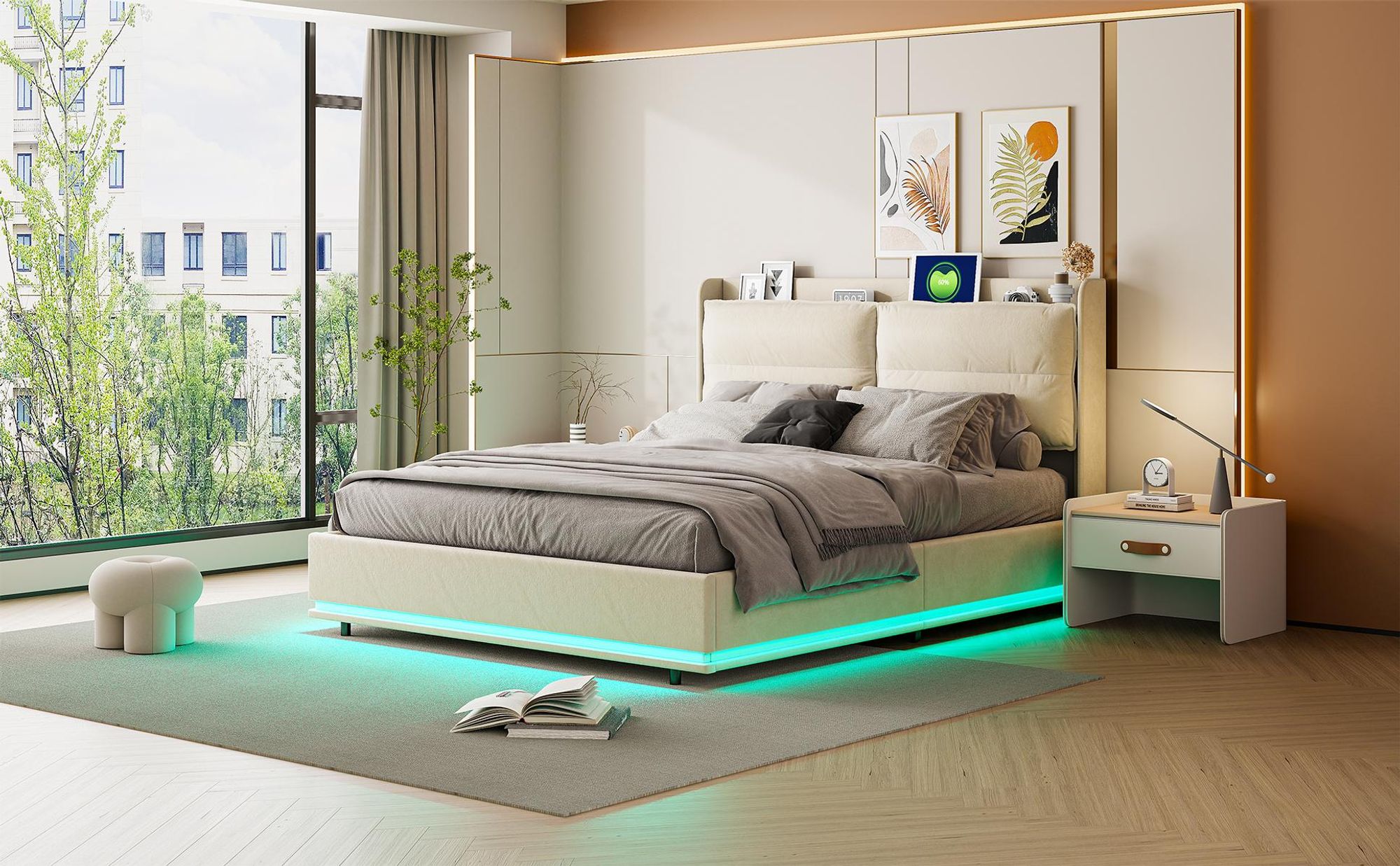 INONEFT Boxspringbett 160x200cm,hydraulisches Polsterbett mit LED und USB/C ,Doppelbett Holzbett Jugendbett, Samt, Beige.